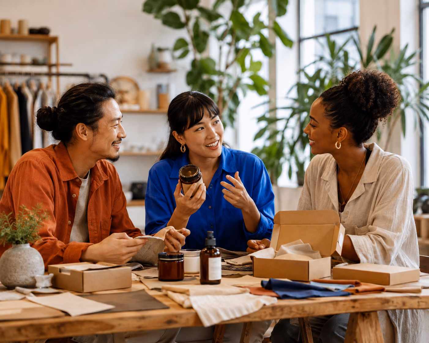 Three ecommerce partners sharing product samples and ideas in a bright studio