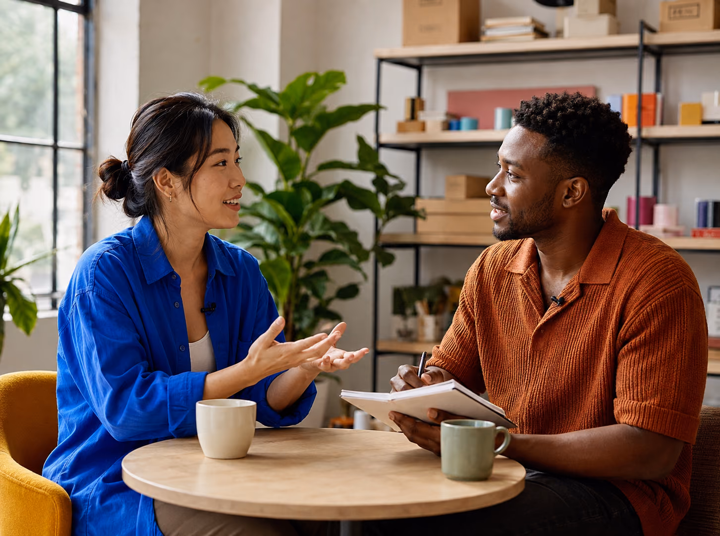Two ecommerce professionals in blue and orange clothing sharing ideas during an interview in a bright studio
