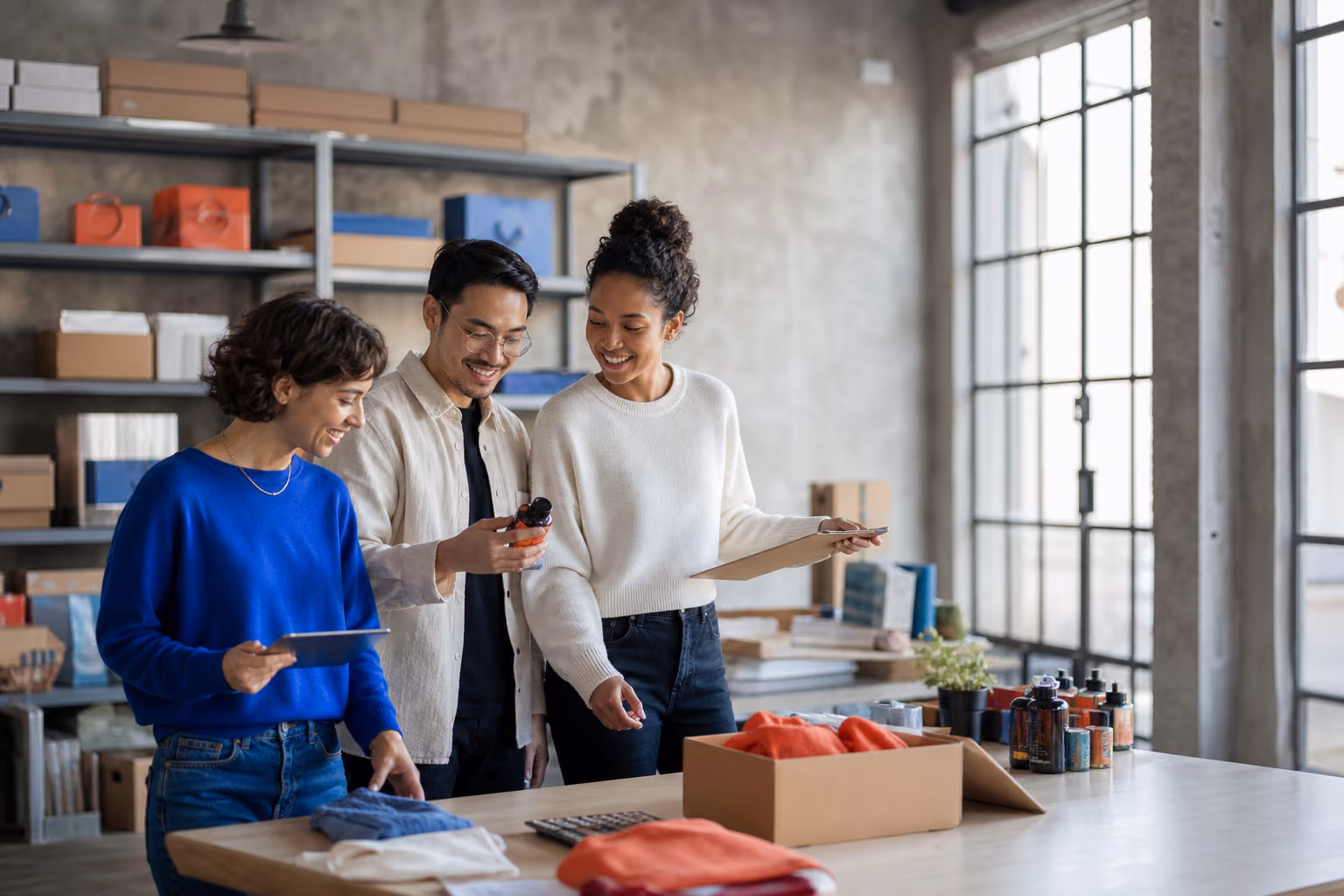 Independent ecommerce team reviewing products together in their fulfillment studio