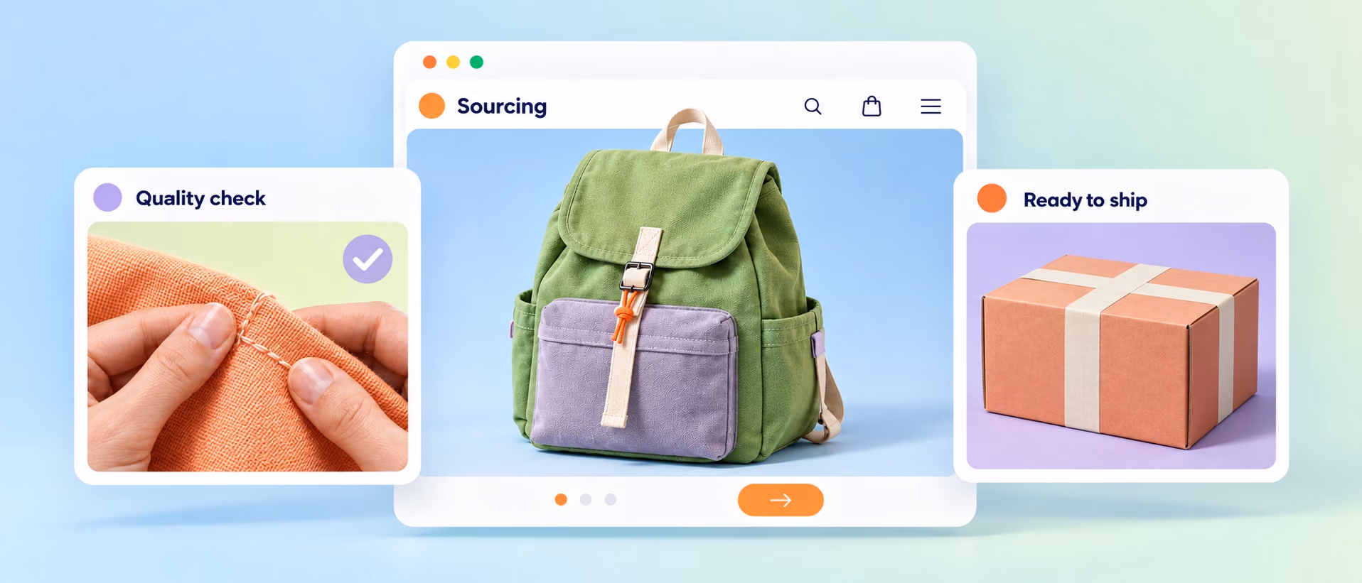 Concept illustration of sourcing a backpack, inspecting fabric, and preparing a shipment.