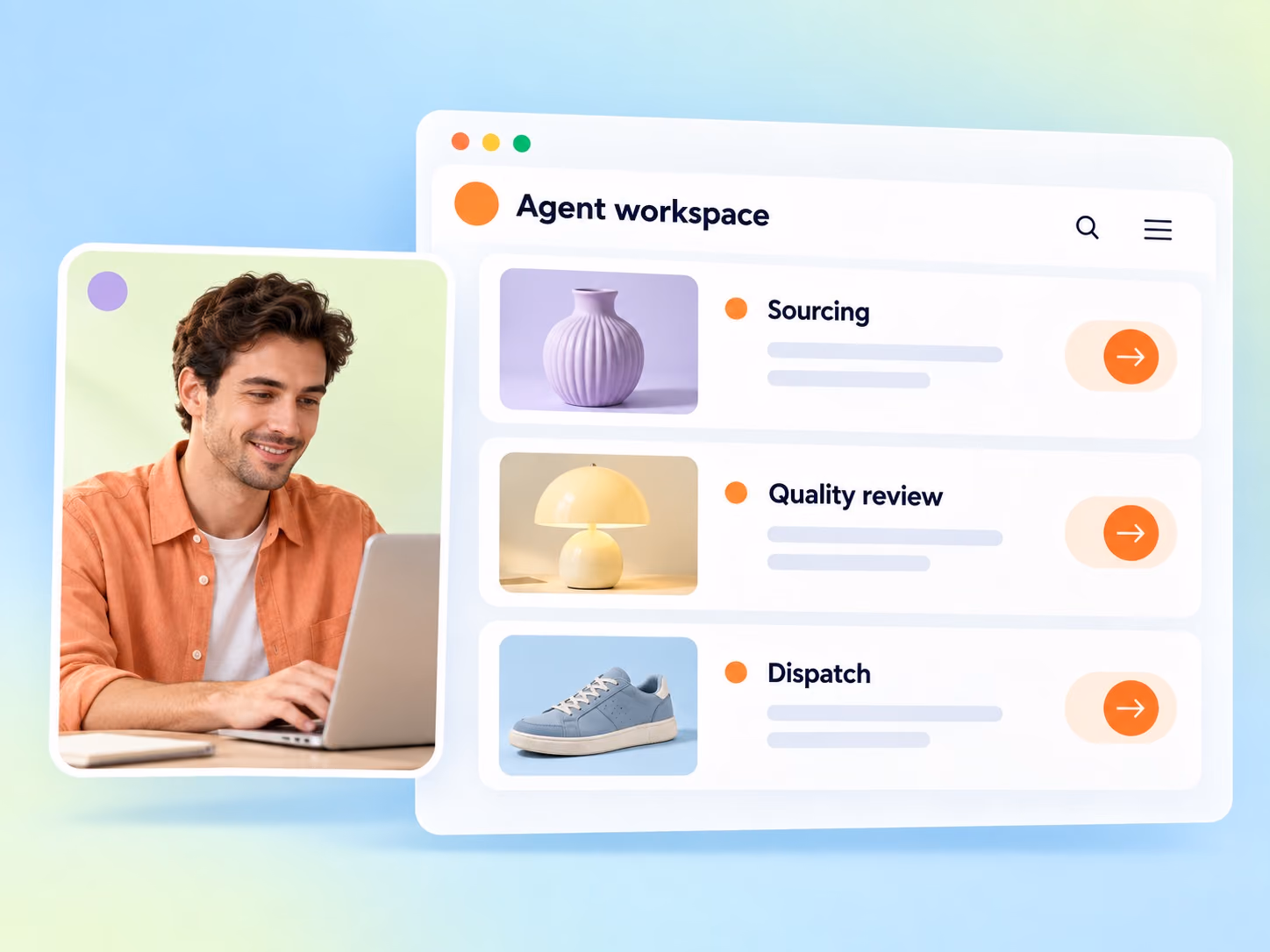 Concept workspace coordinating sourcing, quality review, and dispatch with an agent.