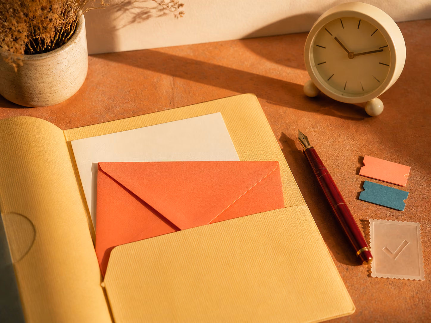 A coral envelope, correspondence folder, pen, and clock arranged for email support