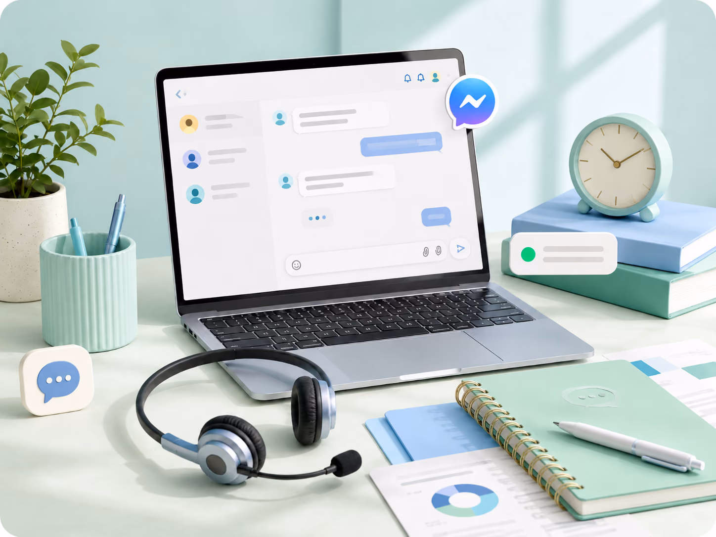 A laptop showing a live support conversation beside a headset and support status cards