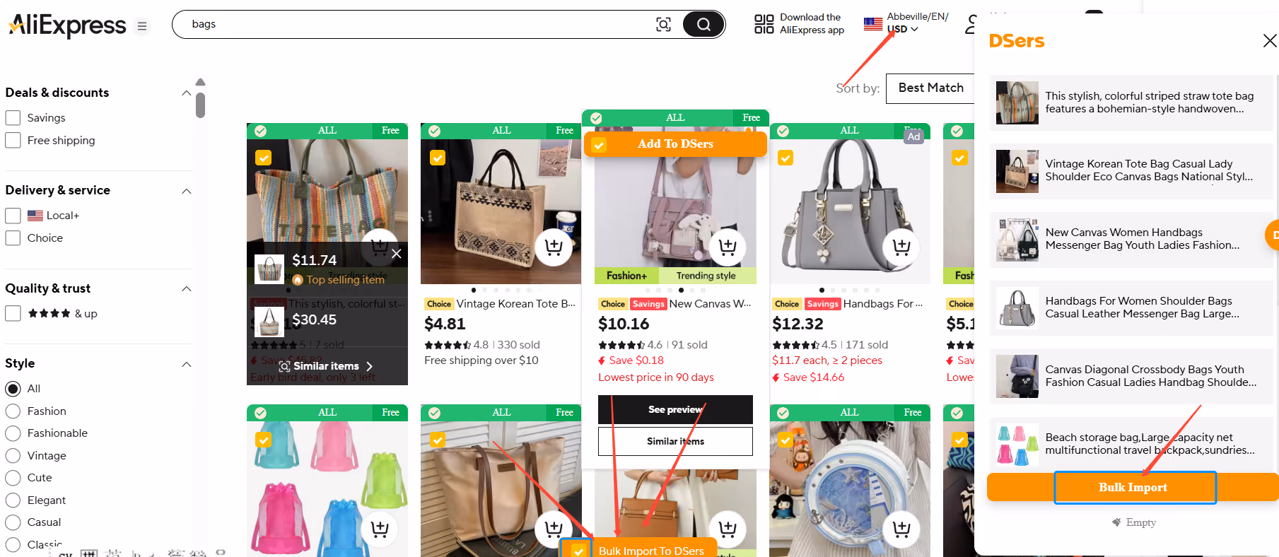 AliExpress search results with products selected and the DSers bulk import panel open