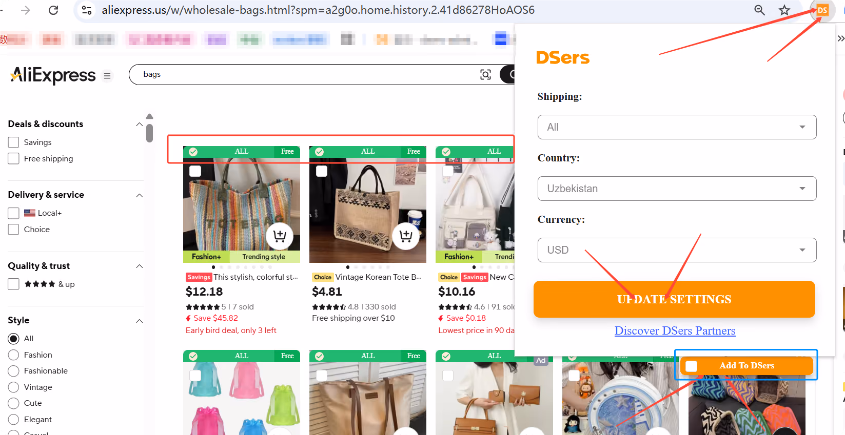 DSers Chrome Extension panel open in Chrome with shipping, country, and currency settings