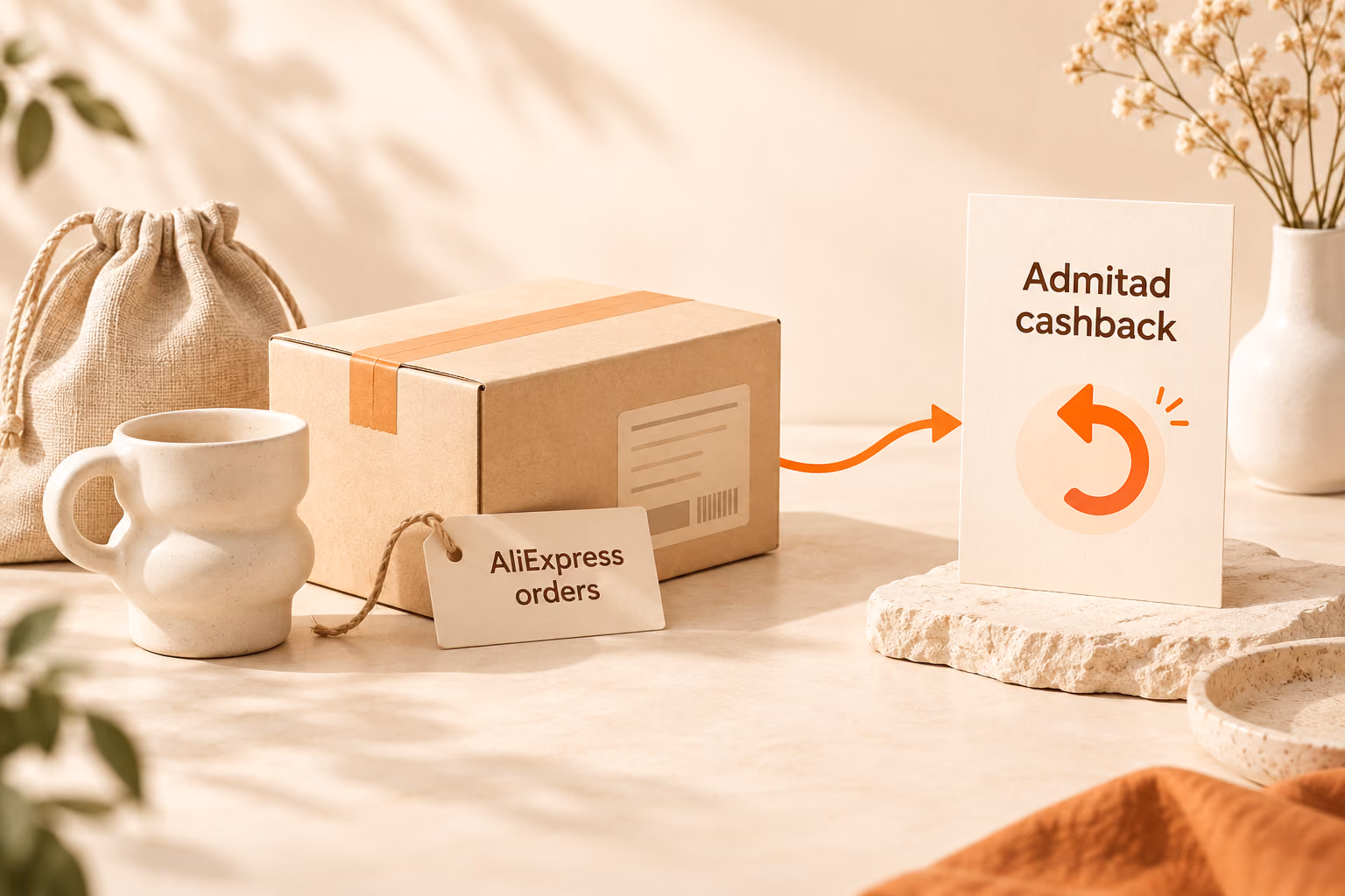 AliExpress purchasing represented by a parcel and product, connected to a separate Admitad cashback record