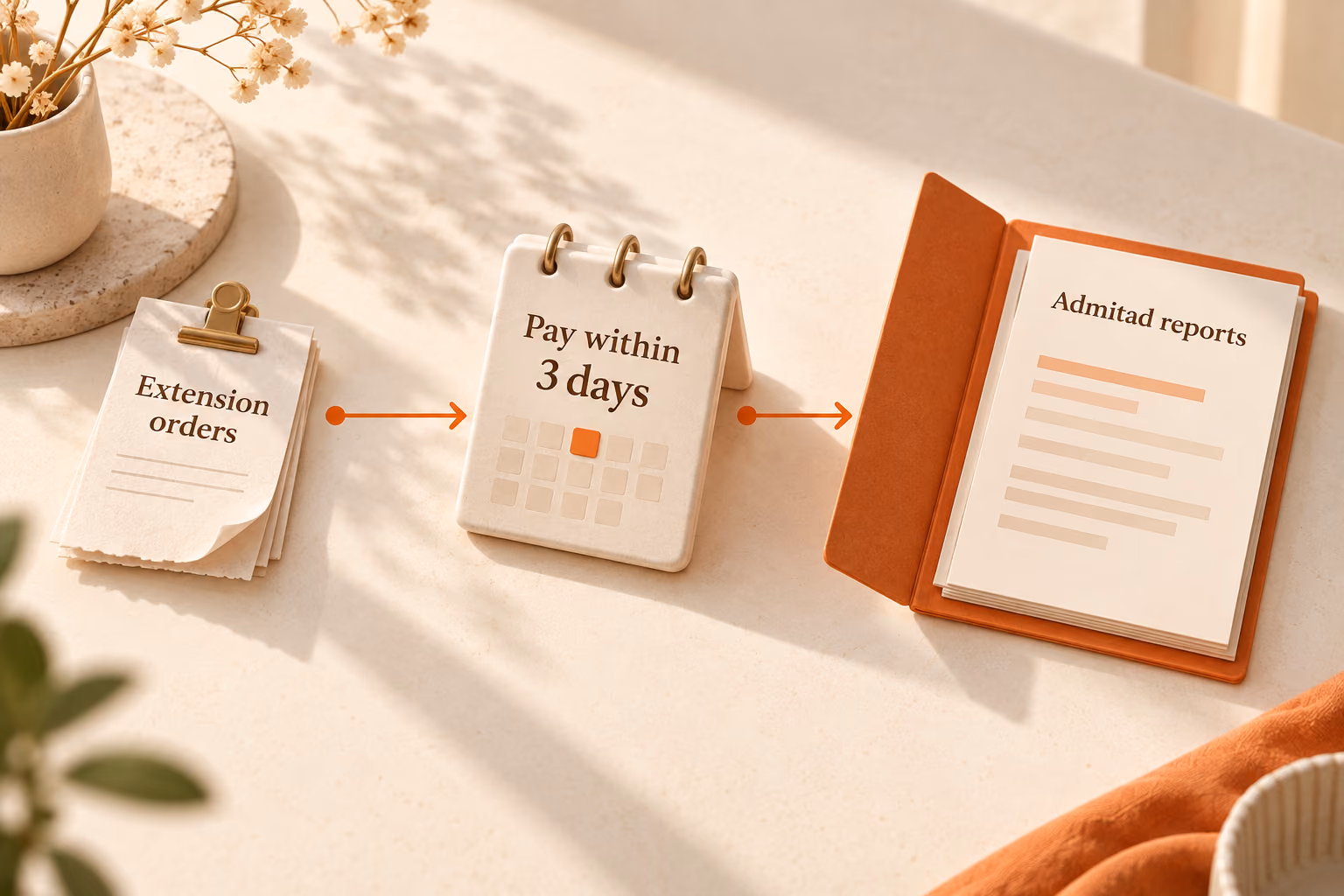 Three separate stages show extension orders, payment within three days, and reports reviewed in Admitad