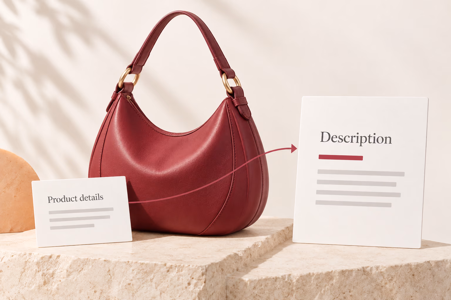 Conceptual product details flowing into a draft description beside a berry leather crescent shoulder bag.