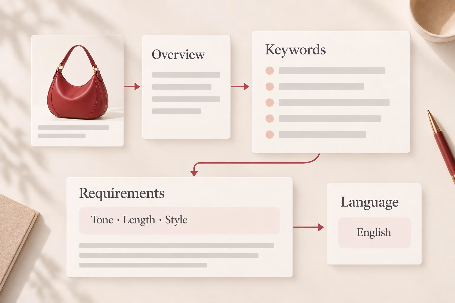 Overview fills the required keywords; writing requirements and a separate language choice guide the draft.
