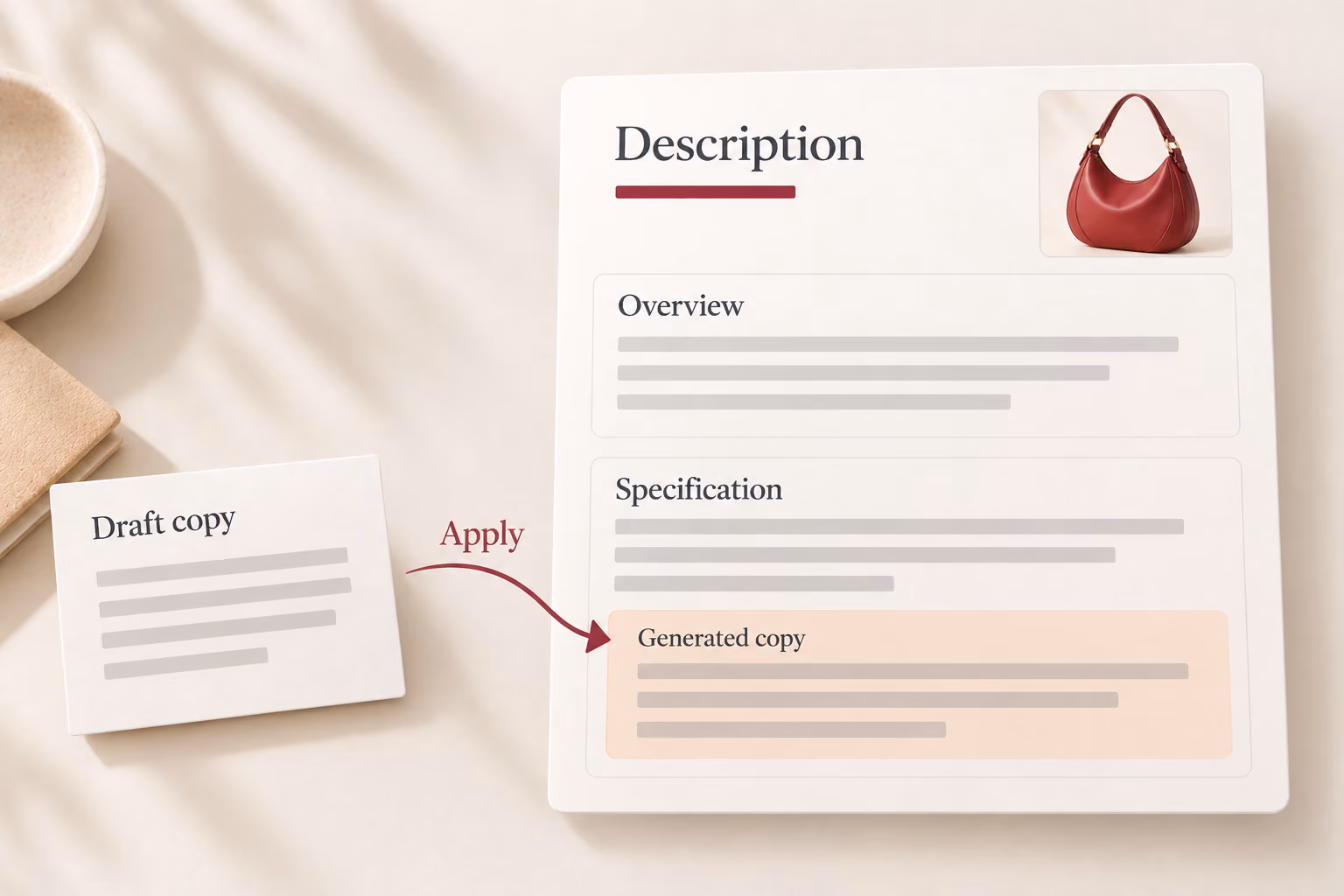 Description contains Overview and Specification; Apply adds generated copy below the existing specification text.