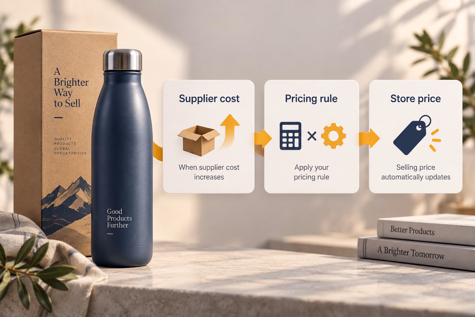 Supplier cost changes connected through a pricing rule to an updated store price, alongside a slate-blue bottle