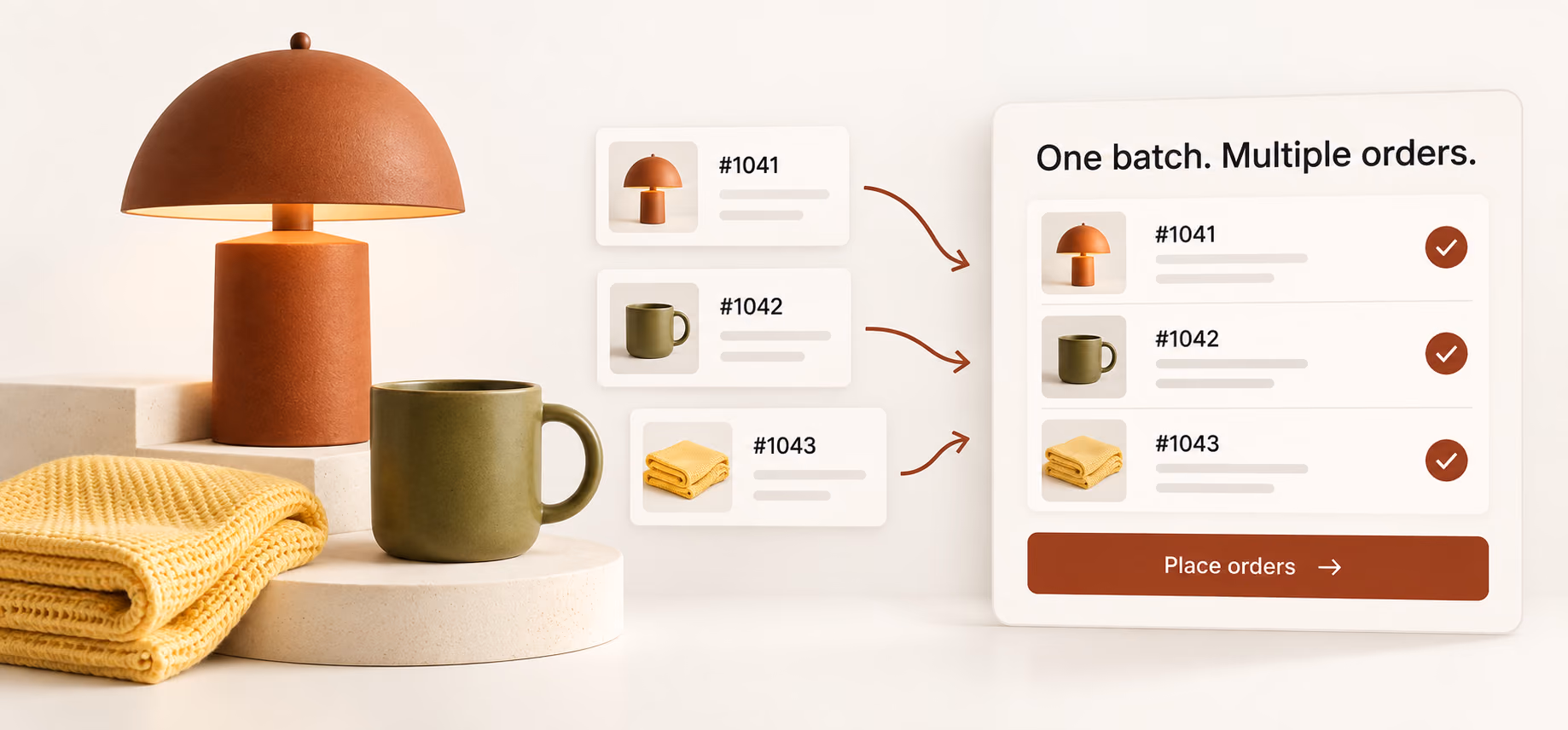 Illustration of separate customer orders grouped into one batch, with a lamp, cup, and textile