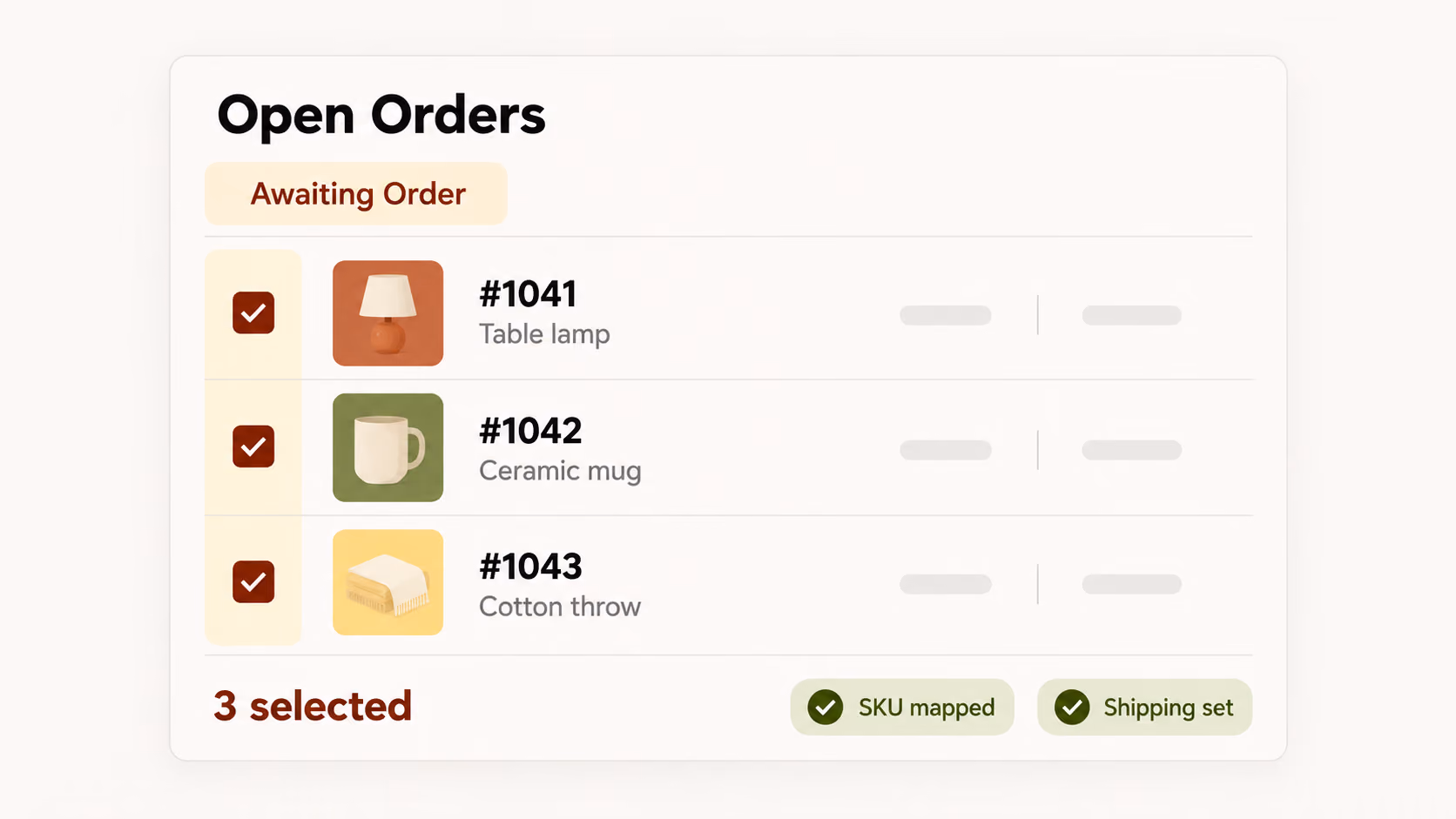 Awaiting Order list with selected orders and preparation checks