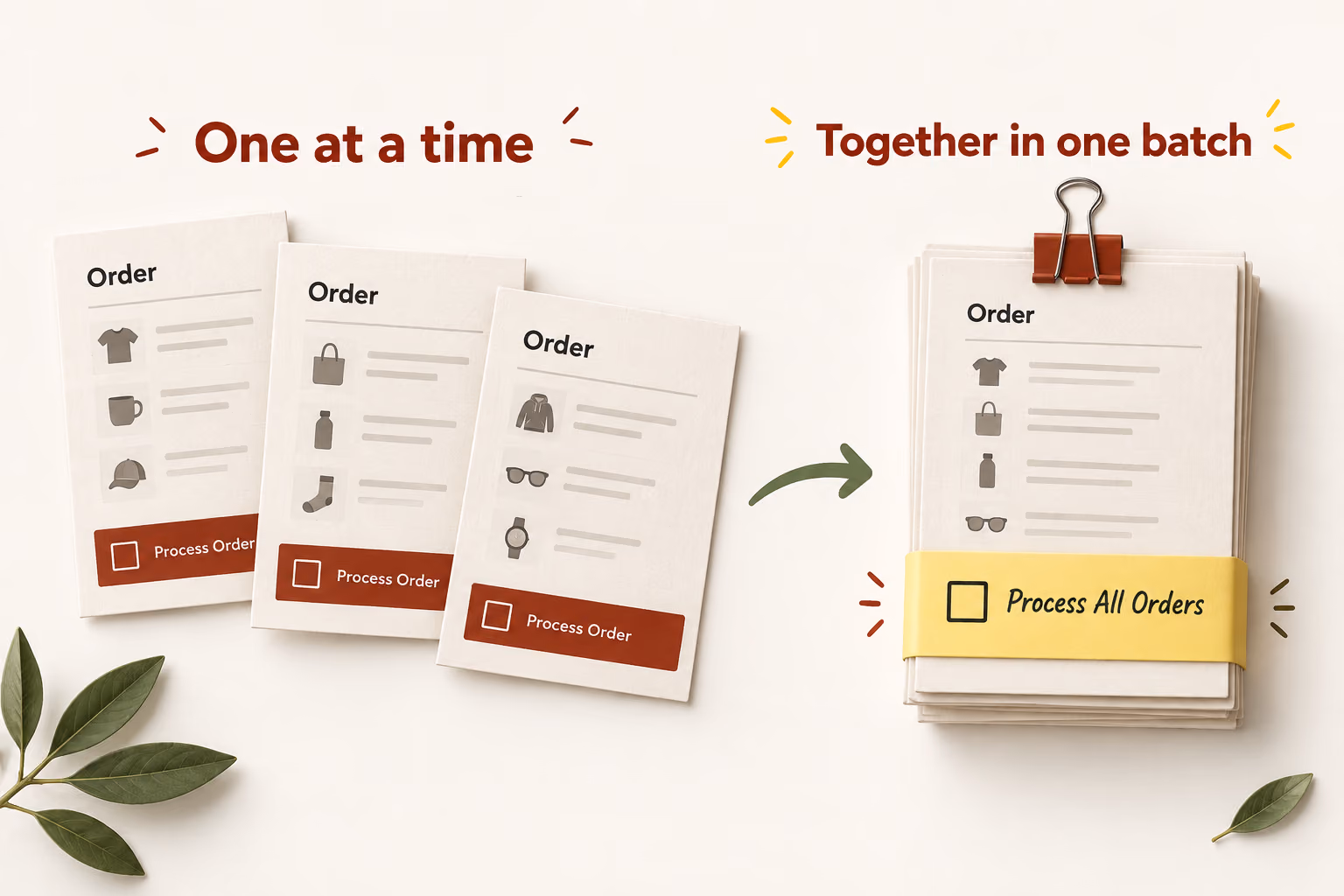 Individual order slips compared with an organized batch of orders
