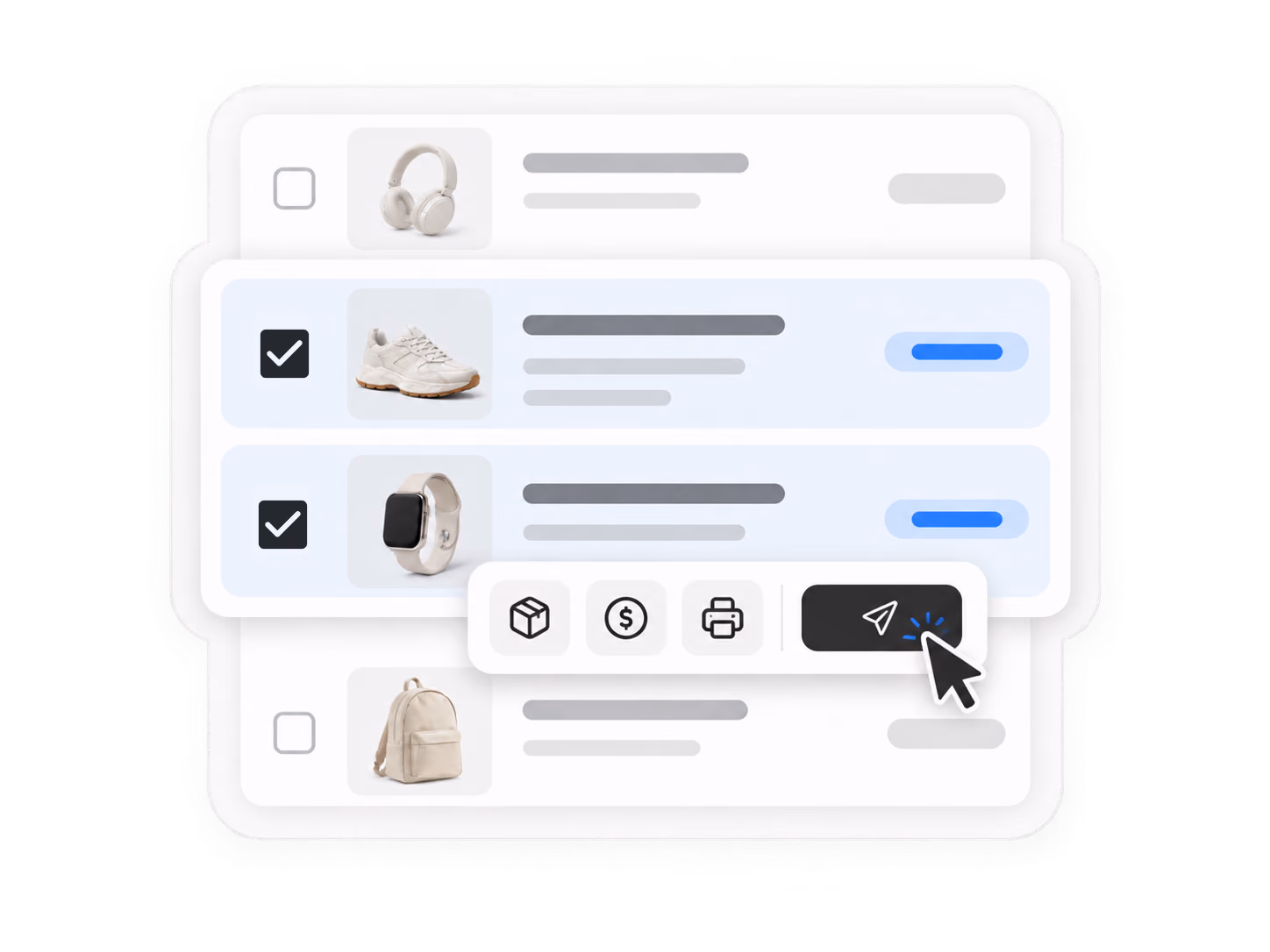 Choosing bulk actions such as fulfill, mark paid, or print
