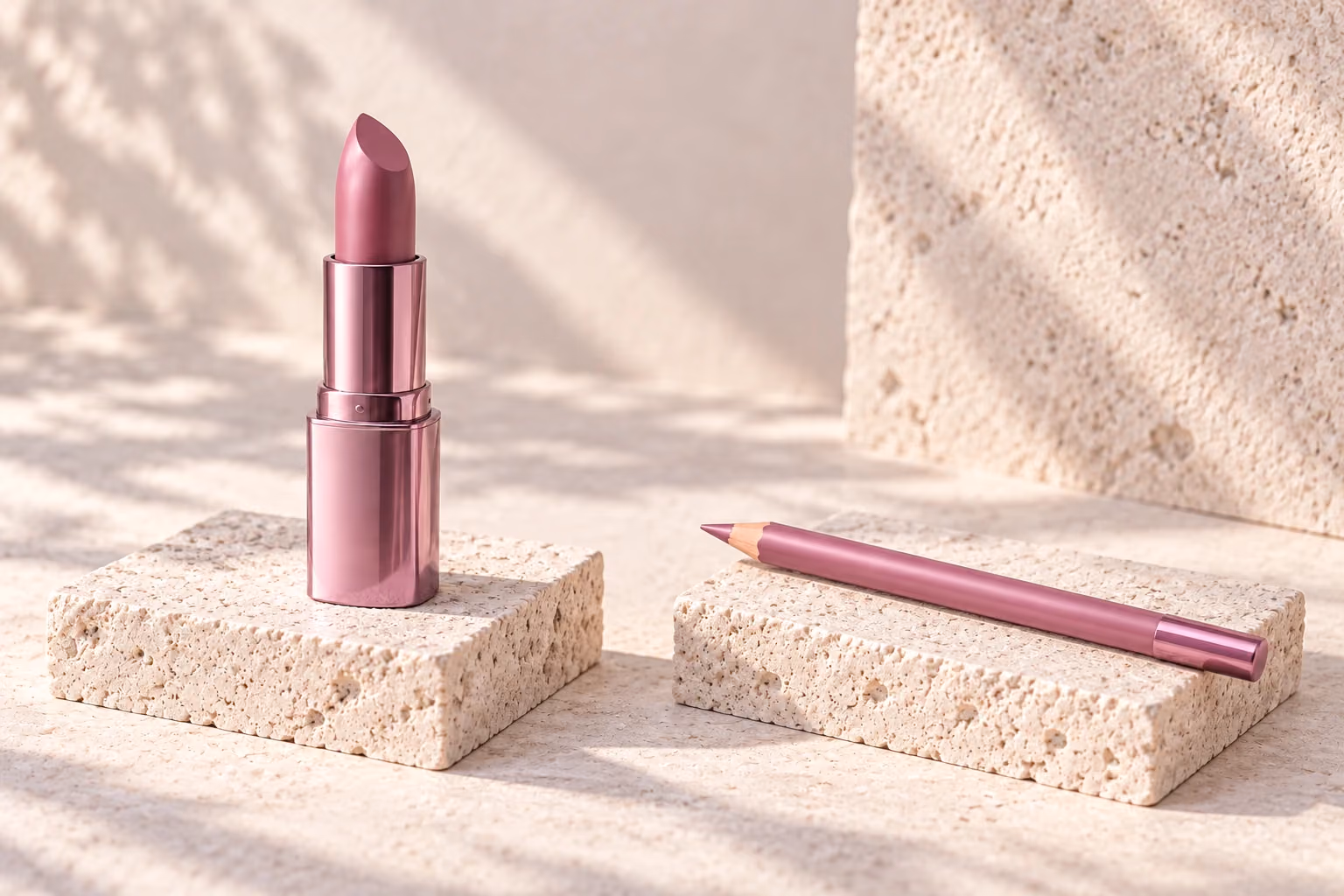 Dusty rose lipstick and matching lip liner displayed separately as purchased item and gift