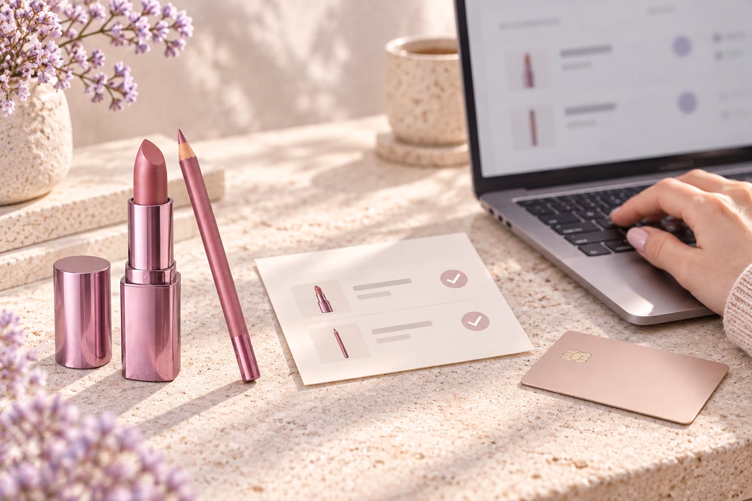 Lipstick and lip liner beside an order review sheet and laptop