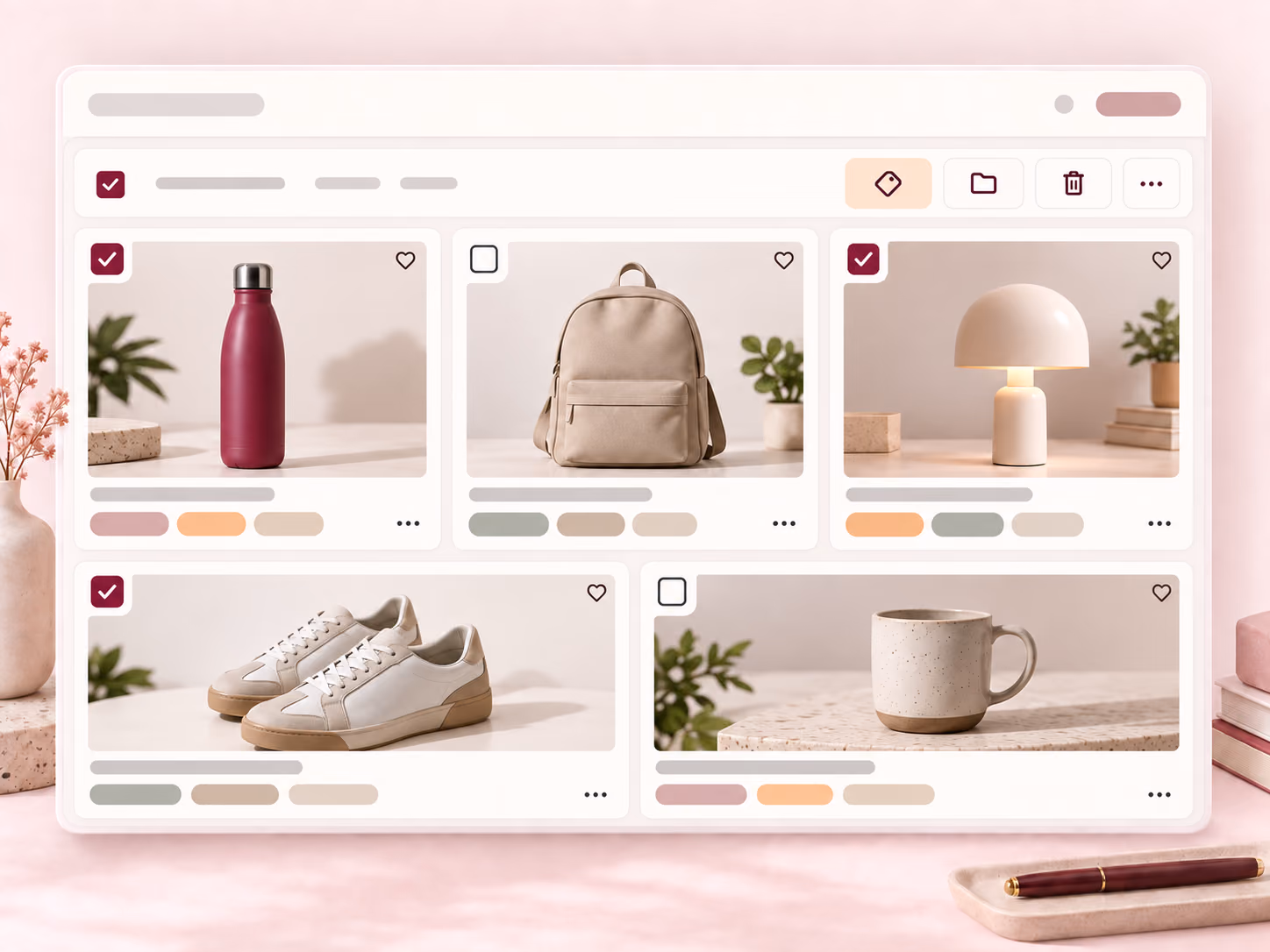 A full-width product catalog workspace using tags and bulk selection to organize listings
