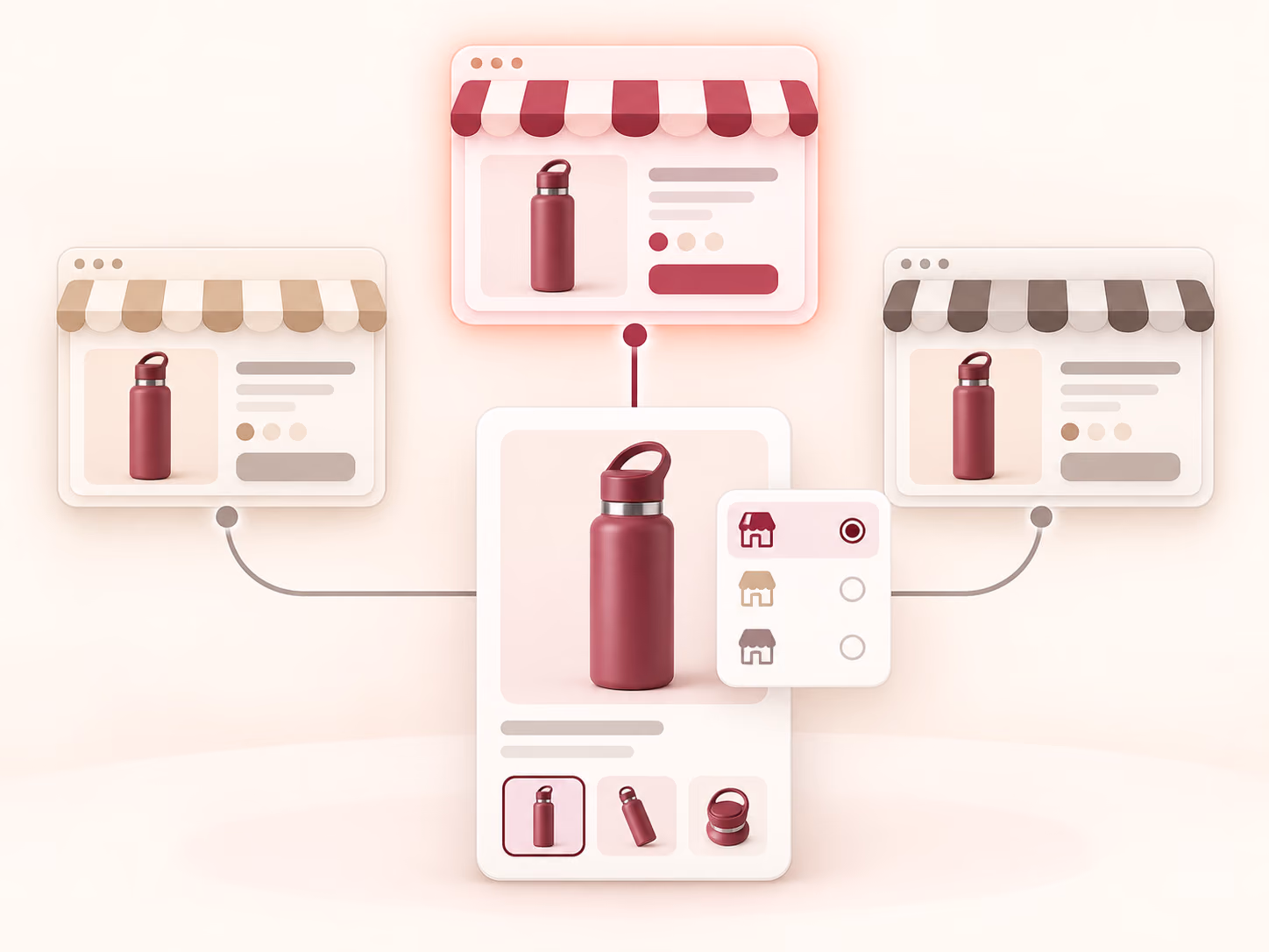 One prepared bottle listing with a selector connected to three online stores, one selected