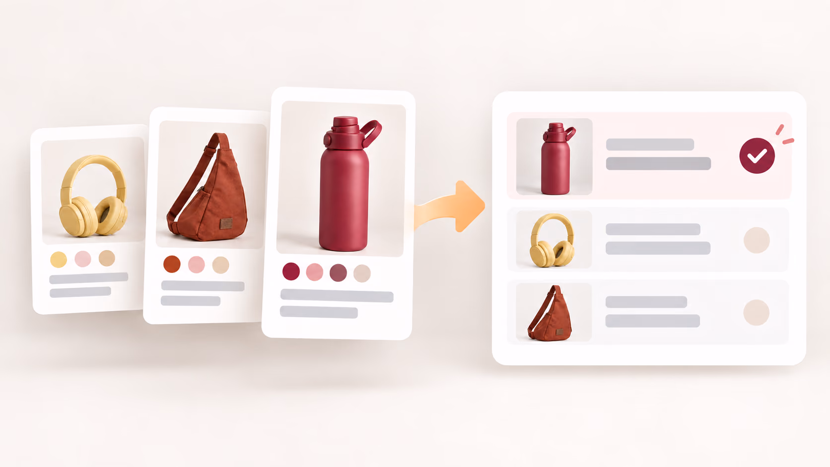Supplier product cards flowing into an Import List tray with the bottle listing confirmed