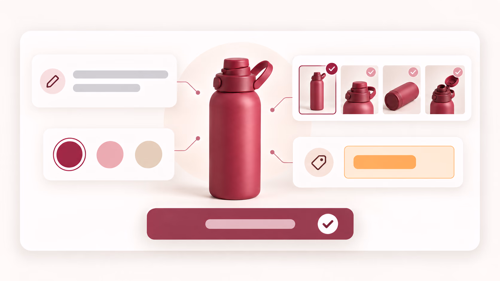 Bottle listing with editing controls for title, variants, selected images, and price