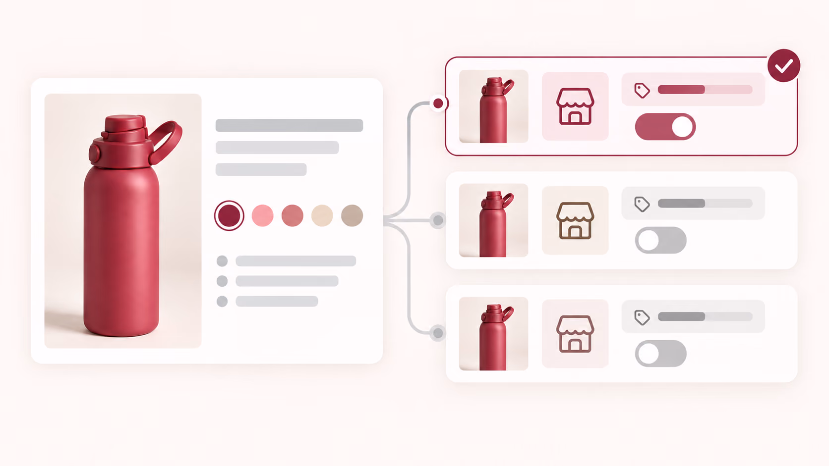 Bottle listing connected to three stores with one destination and its settings selected