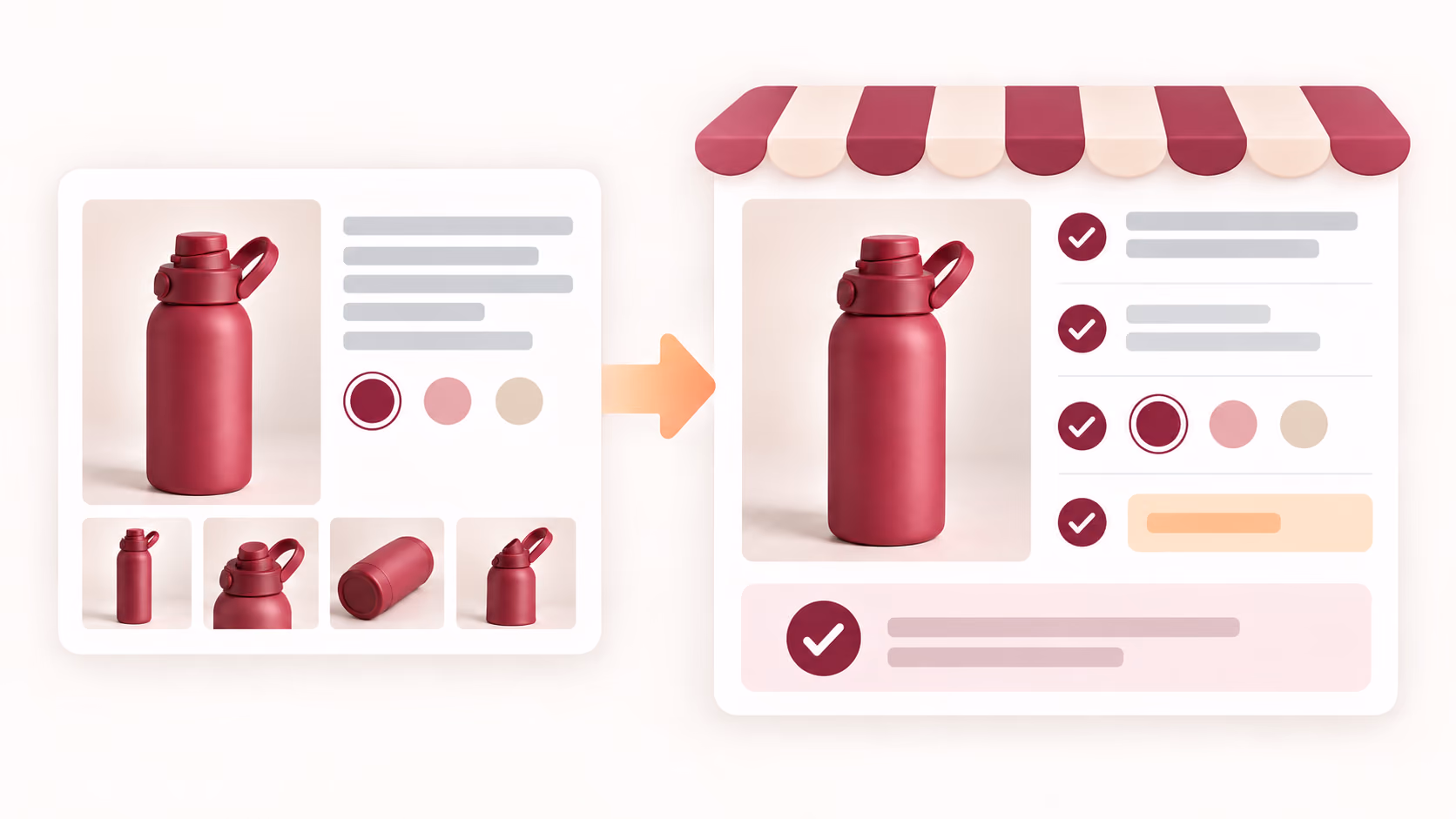 Bottle listing pushed to a storefront and verified for content, variants, price, and status