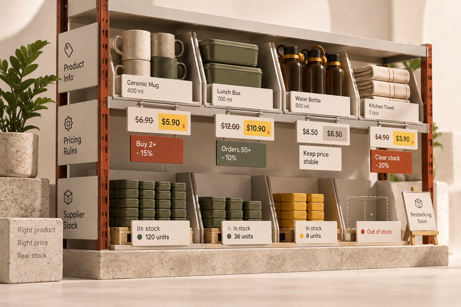 Product shelves showing connected information, pricing rules, and supplier stock levels