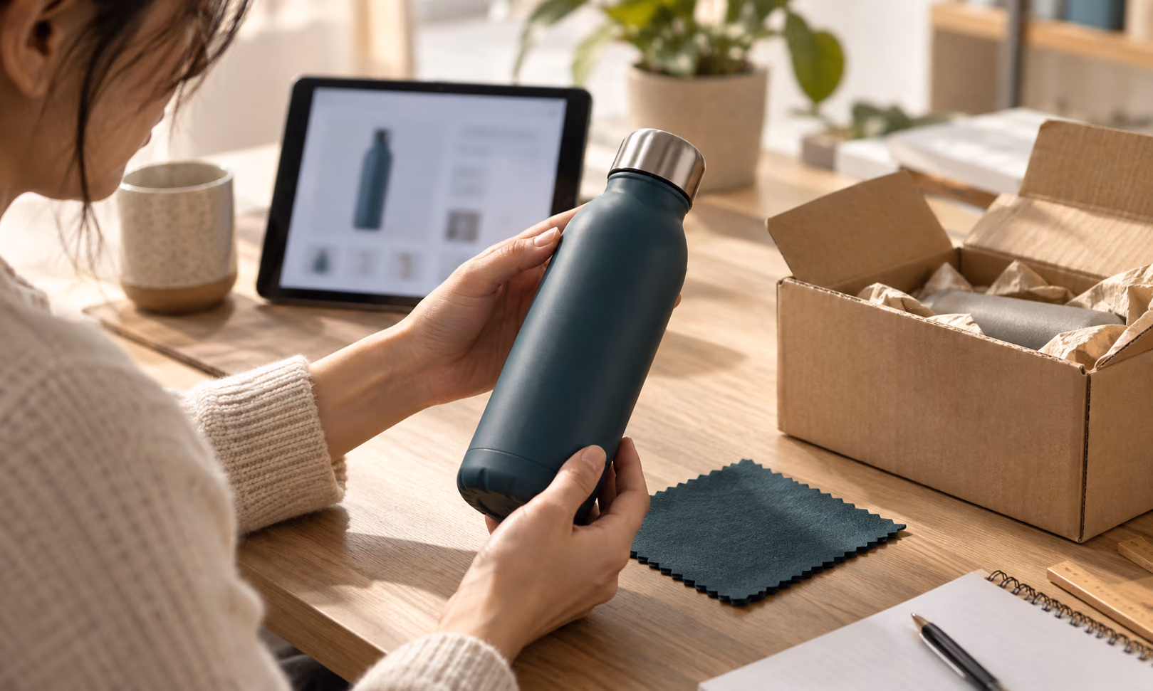 Merchant reviews a teal bottle sample and its shipping package