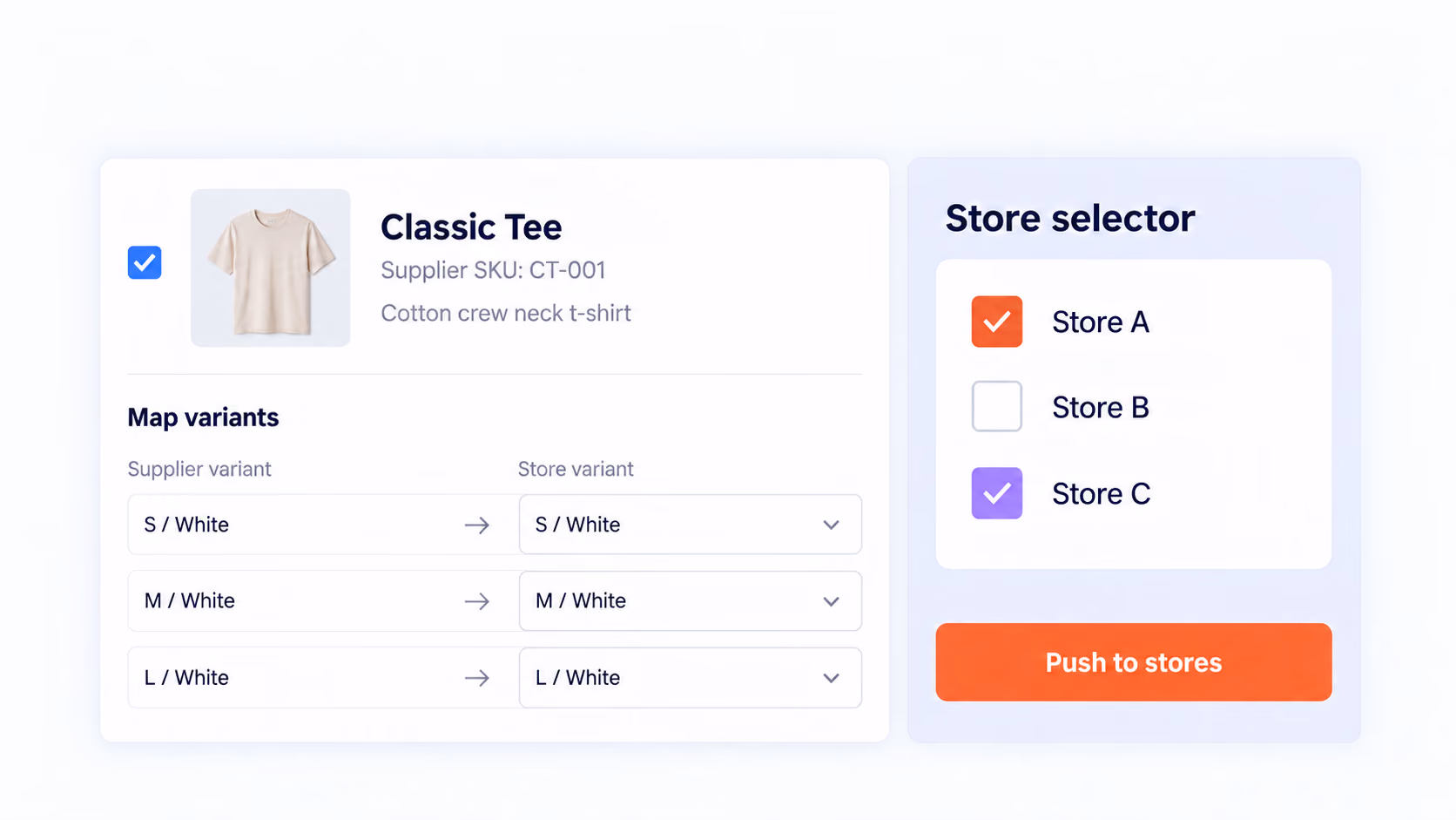 Product variant mapping with Store A and Store C selected as push destinations