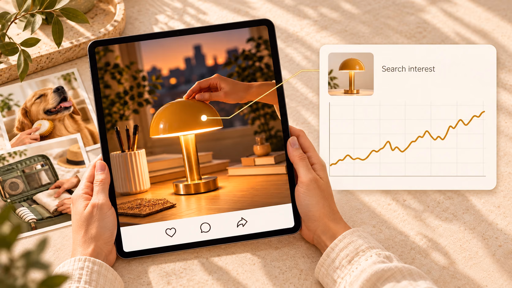 A product ad is connected to a conceptual search-interest trend for researching demand