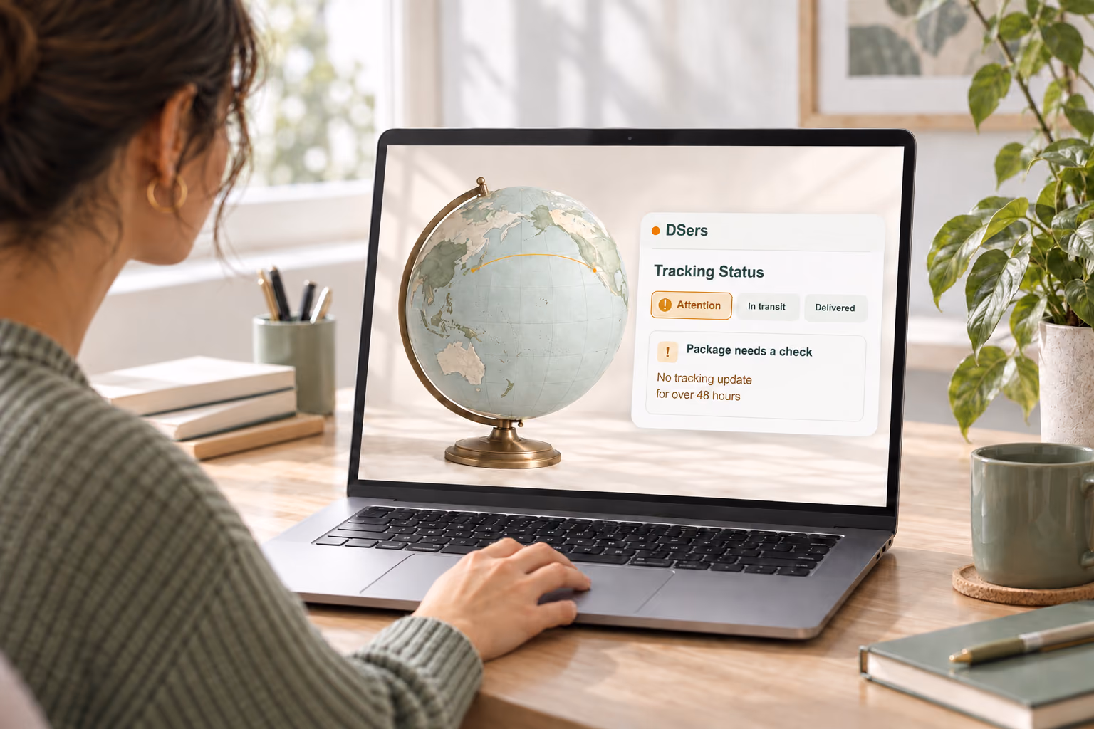 Merchant viewing a conceptual DSers Tracking Status alert and a cross-border shipment globe on a laptop
