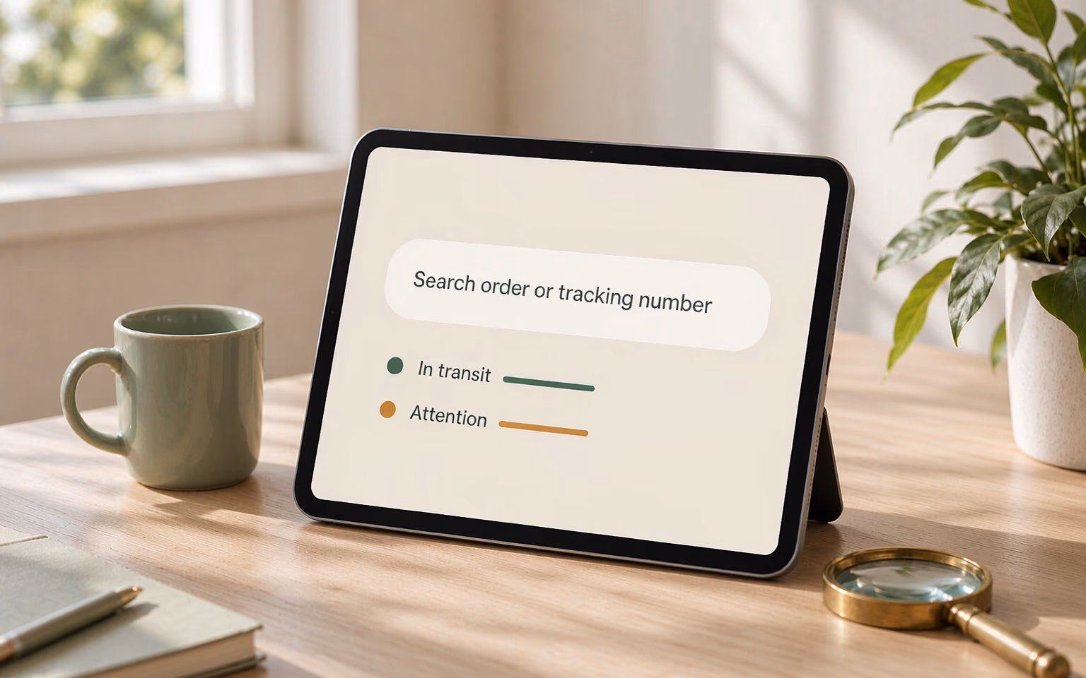 Tracking Status view with a search field and shipment status entries