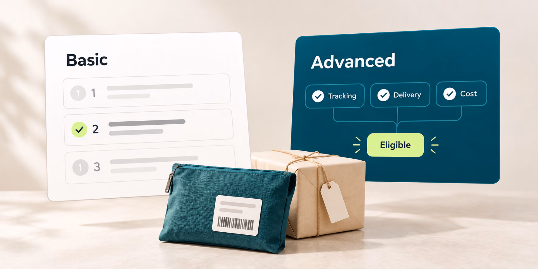 Basic mode selects the first available priority method while Advanced mode applies tracking, delivery, and cost conditions
