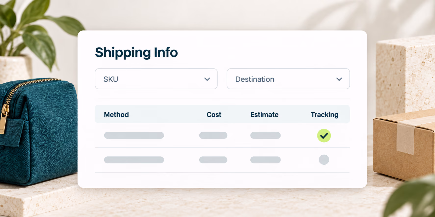Shipping Info fields for selecting a SKU and destination and comparing method, cost, estimate, and tracking
