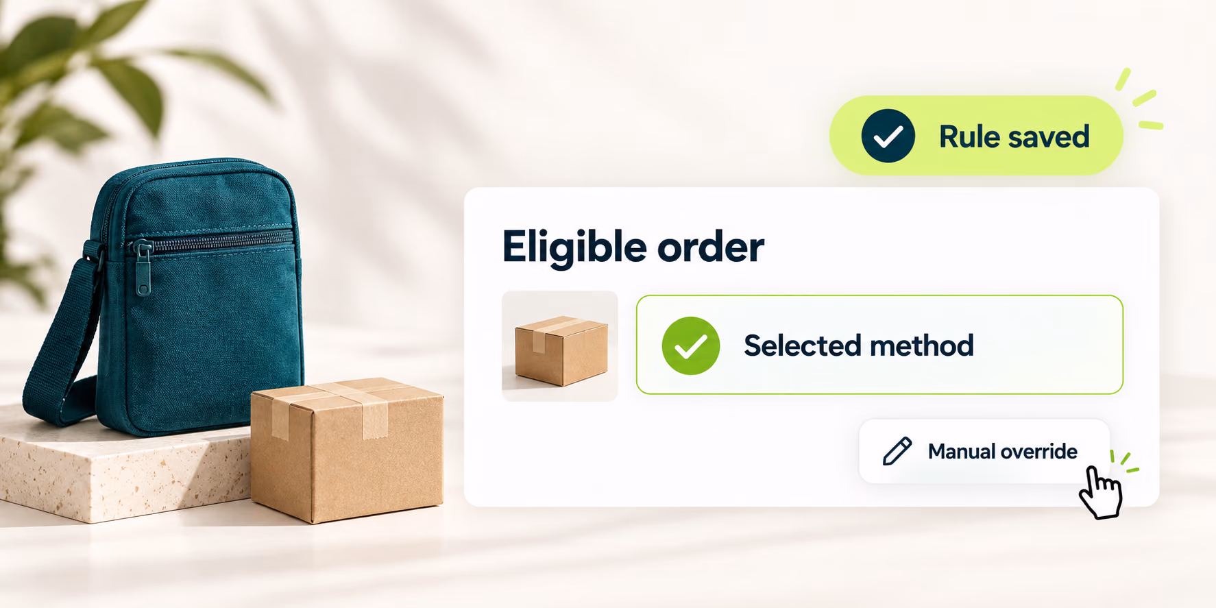 A saved rule applied to an eligible order with the selected method and manual override