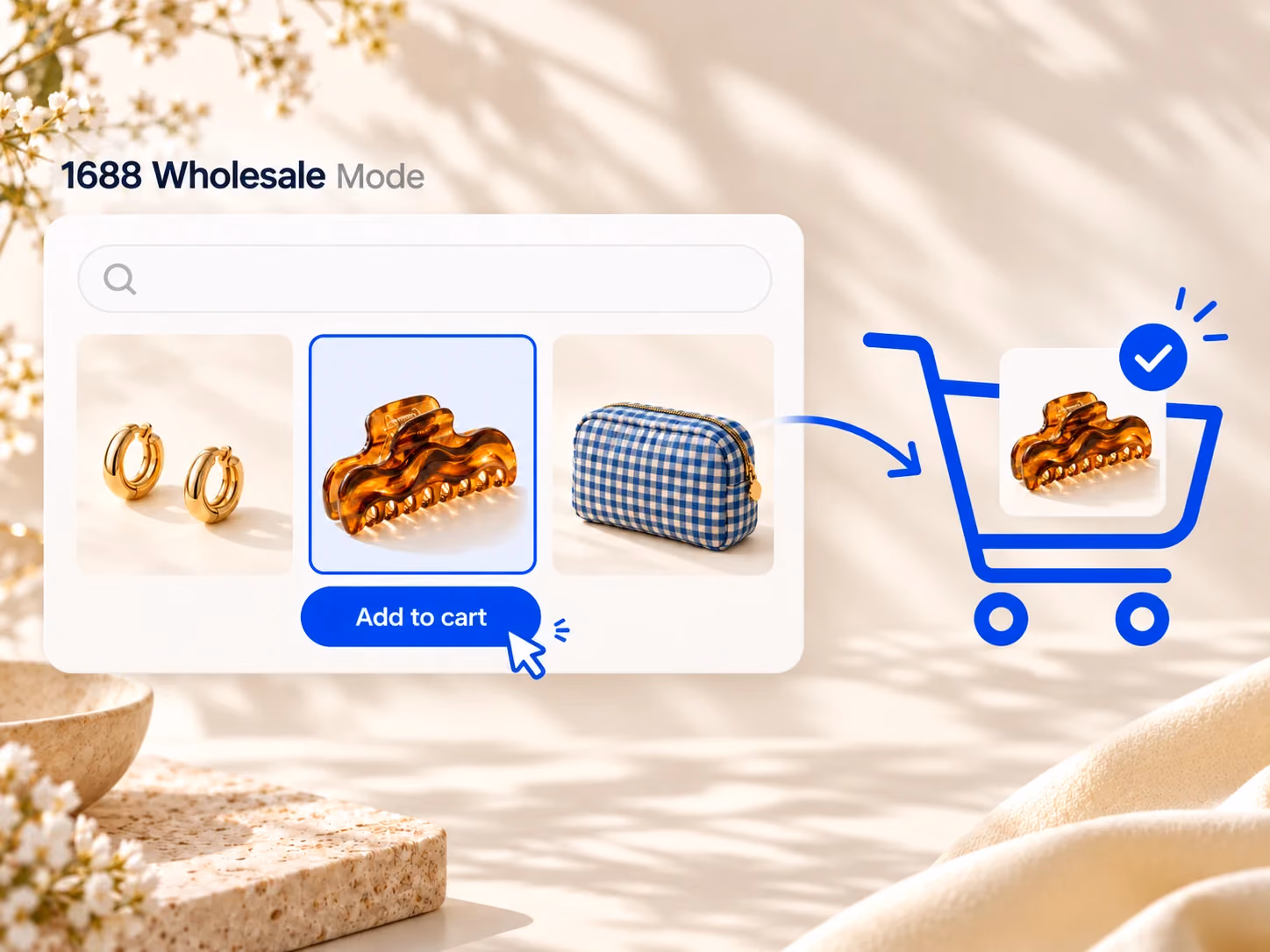 A selected amber claw clip is added to a shopping cart in a conceptual 1688 Wholesale mode illustration
