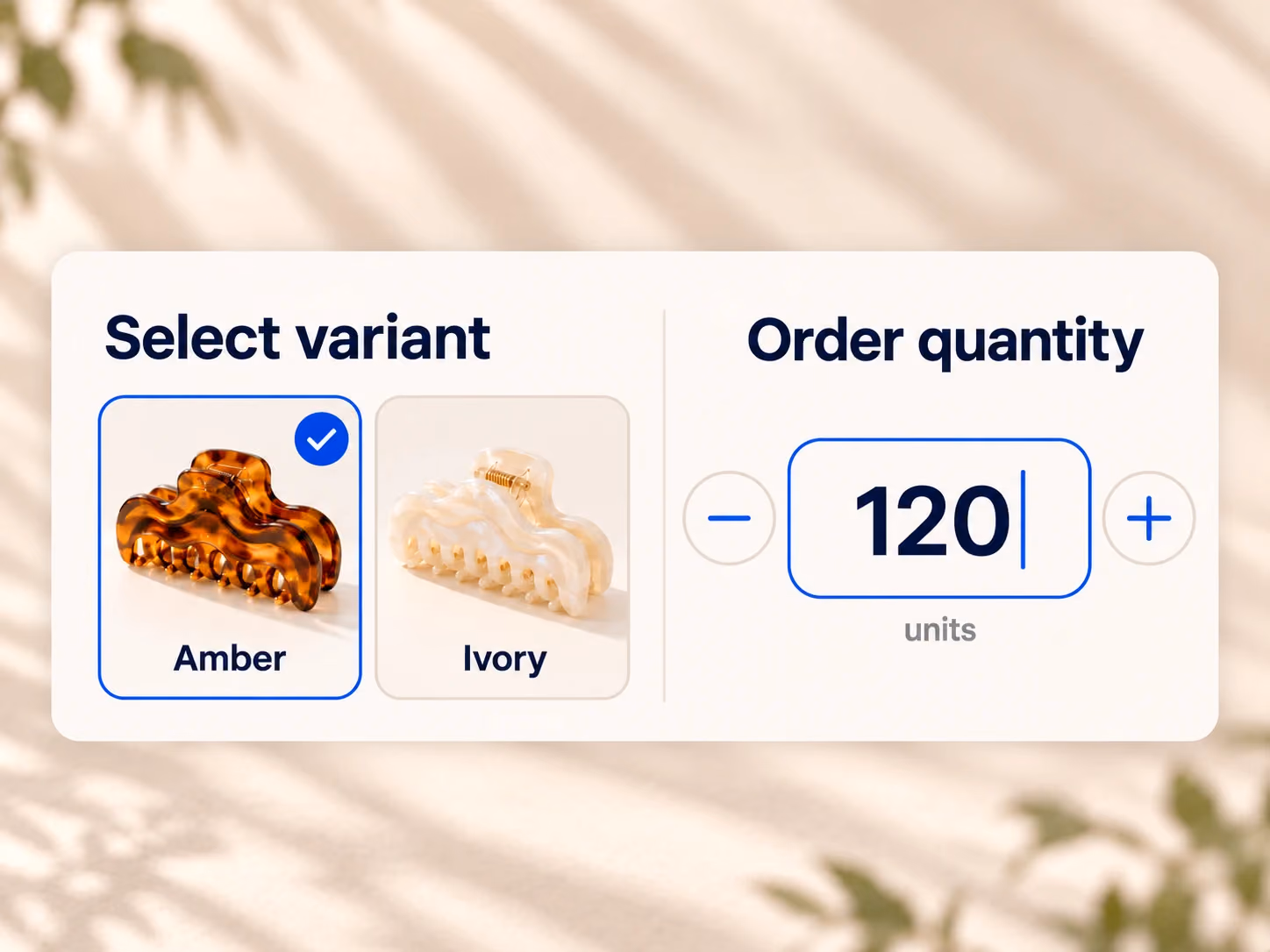 Amber claw clip variant selected with an example order quantity of 120 units