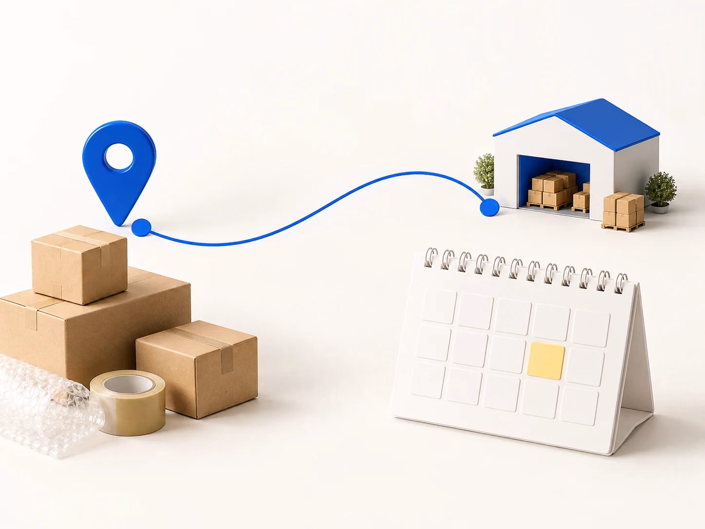 Origin and warehouse destination markers connect beside a departure-date calendar