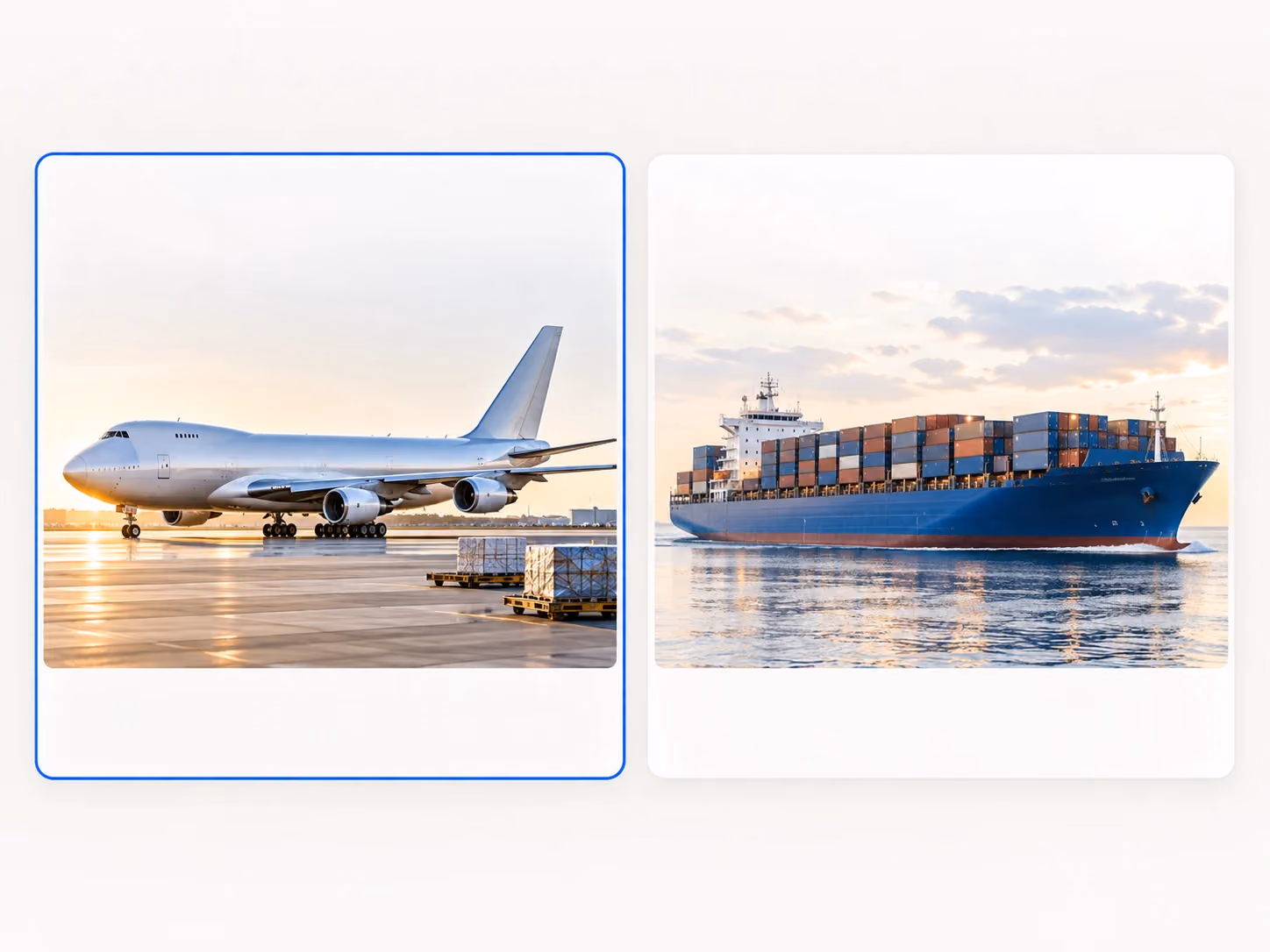 Airplane and cargo ship cards illustrate choosing an available shipping method