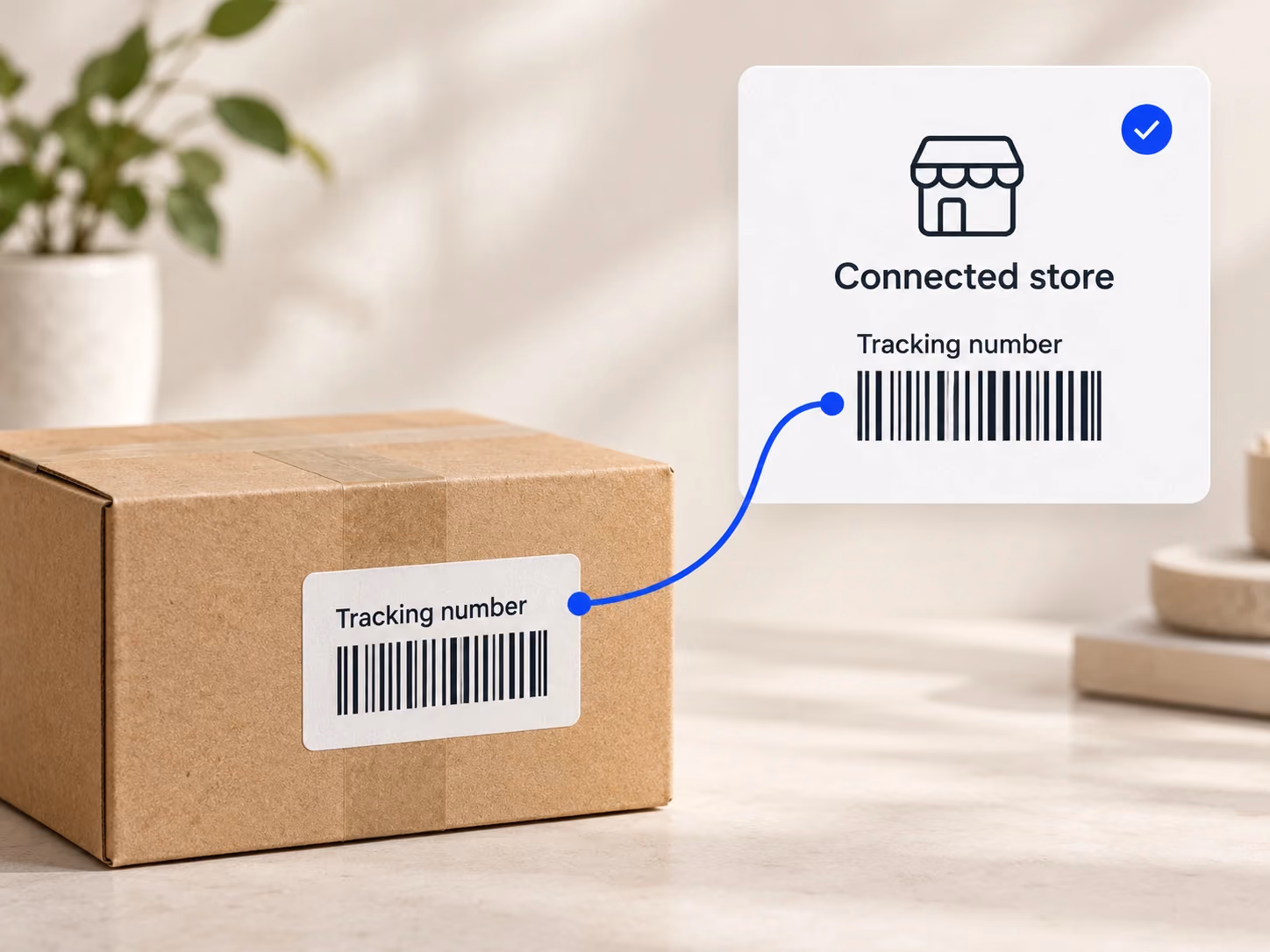 A tracking number moves from the supplier's parcel information to the connected store order.