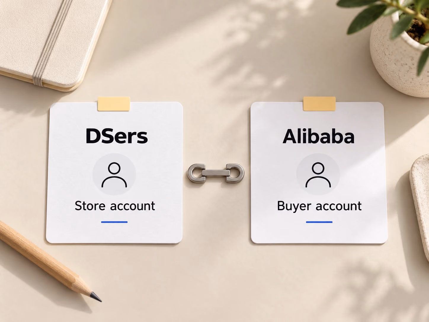 Two account cards represent preparing DSers and the intended Alibaba buyer account.