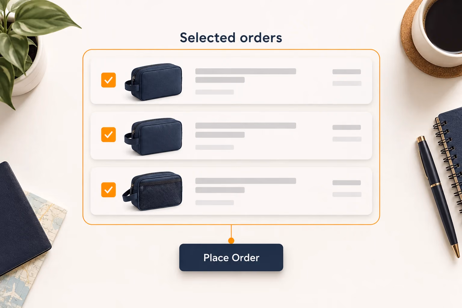 Selected supplier orders grouped for batch placement, with payment remaining a separate step.
