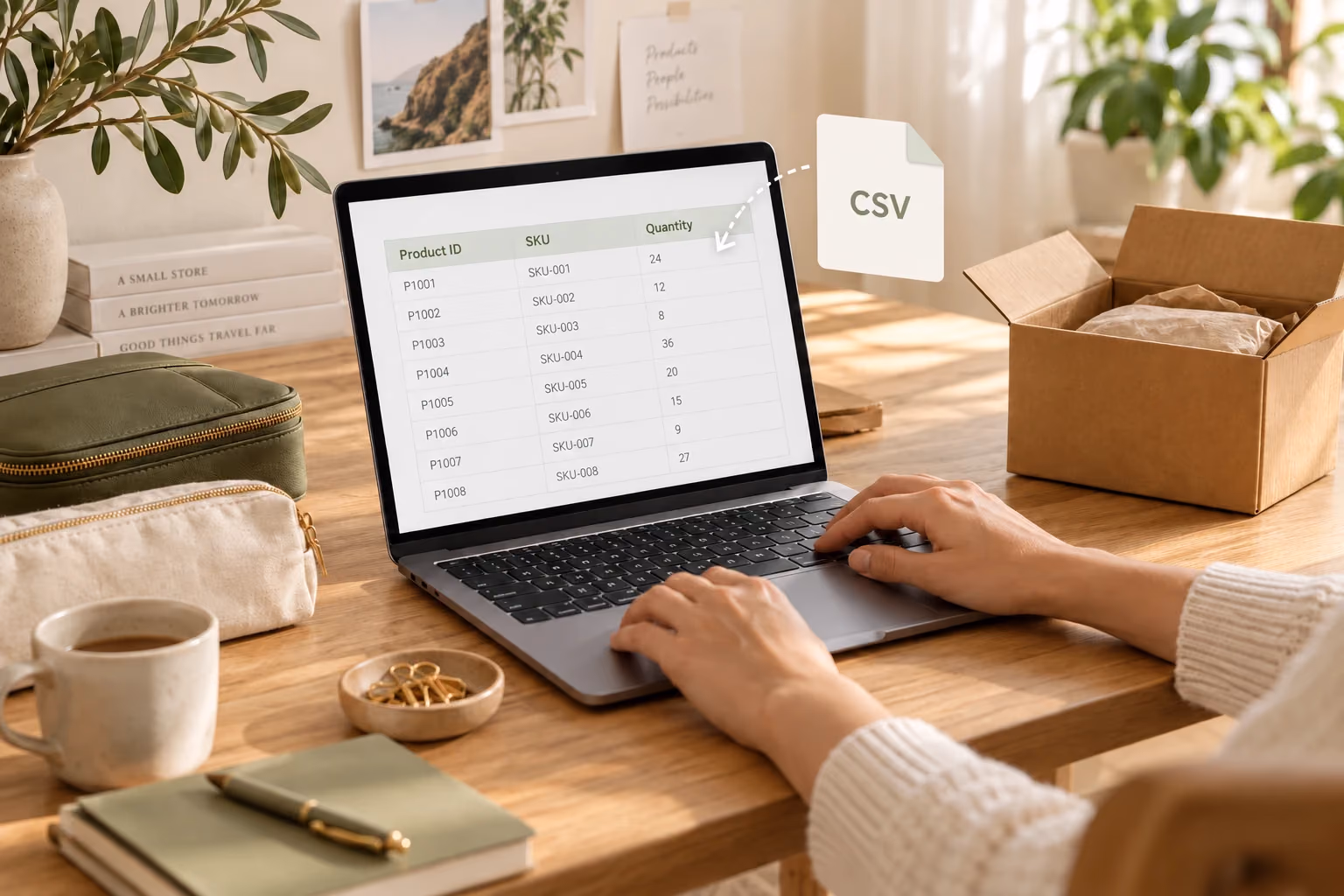 A seller prepares product records at a laptop beside an olive travel organizer and a CSV file concept