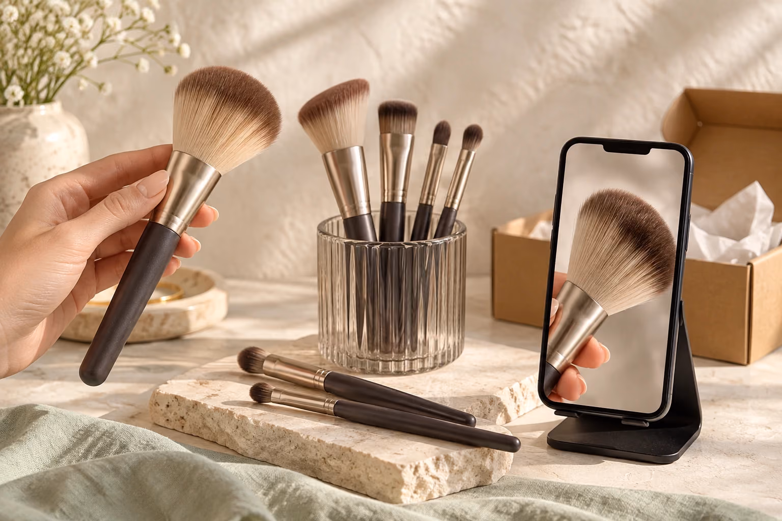 A creator films a makeup brush demonstration beside a brush set and shipping supplies.
