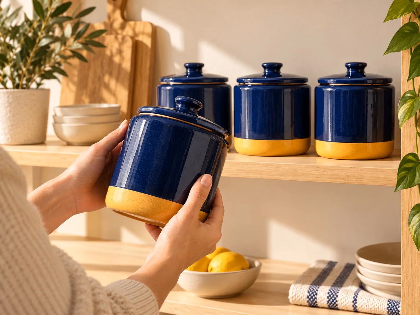 Hands checking a canister against matching products on a stock shelf.