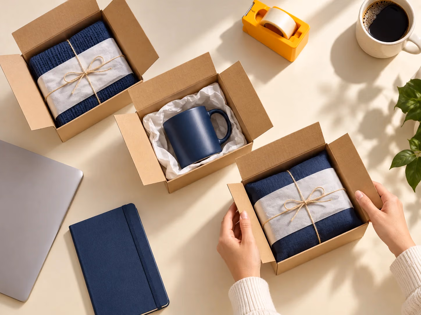 Separate customer parcels organized together on one worktable.