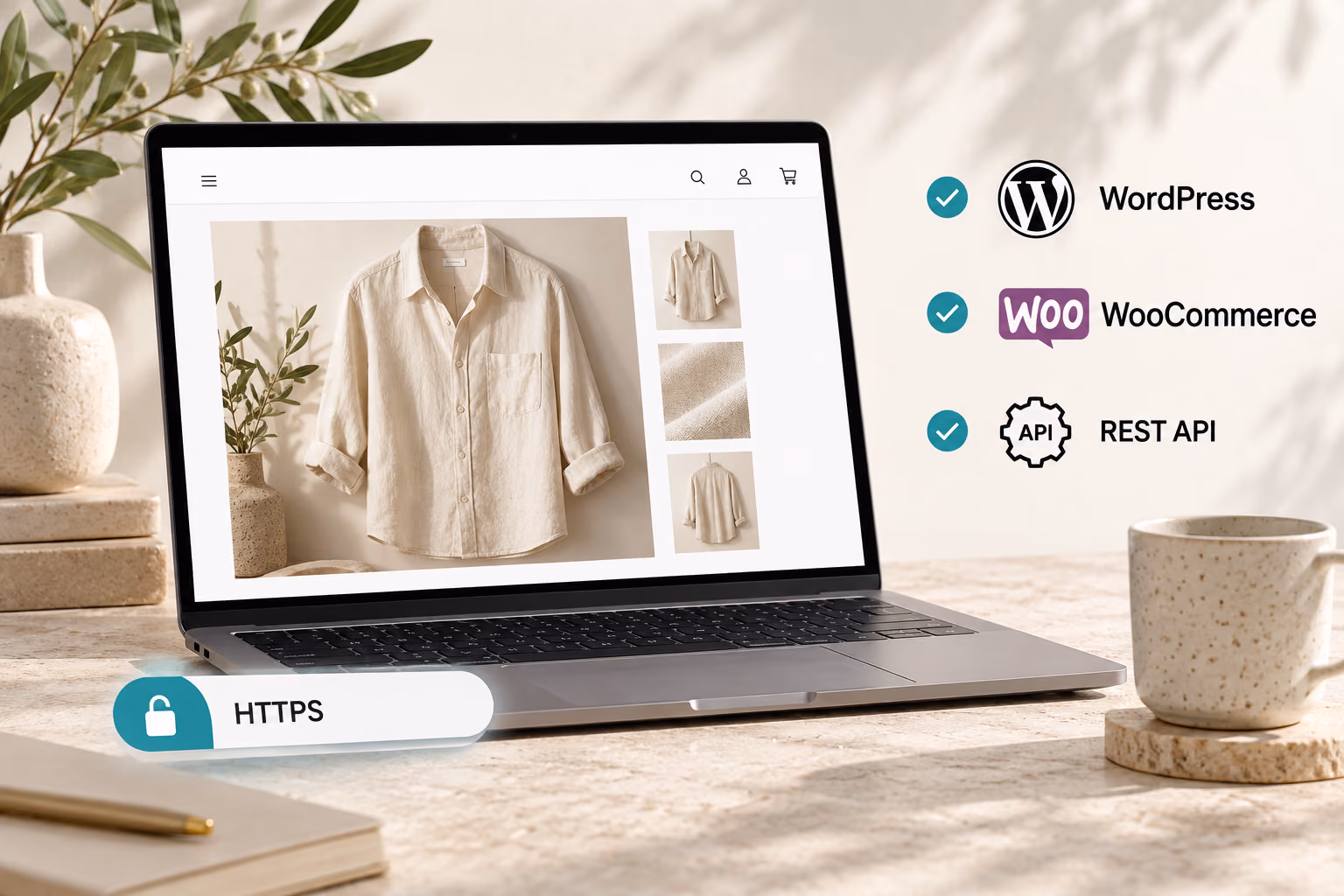 A laptop storefront with HTTPS and WordPress, WooCommerce and REST API readiness checks