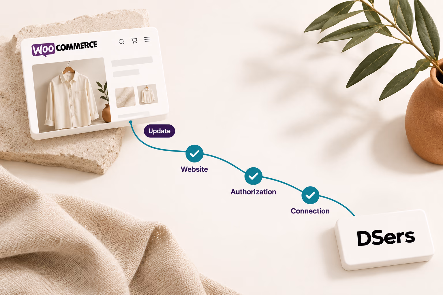 A connection path from WooCommerce to DSers through Website, Authorization and Connection checks