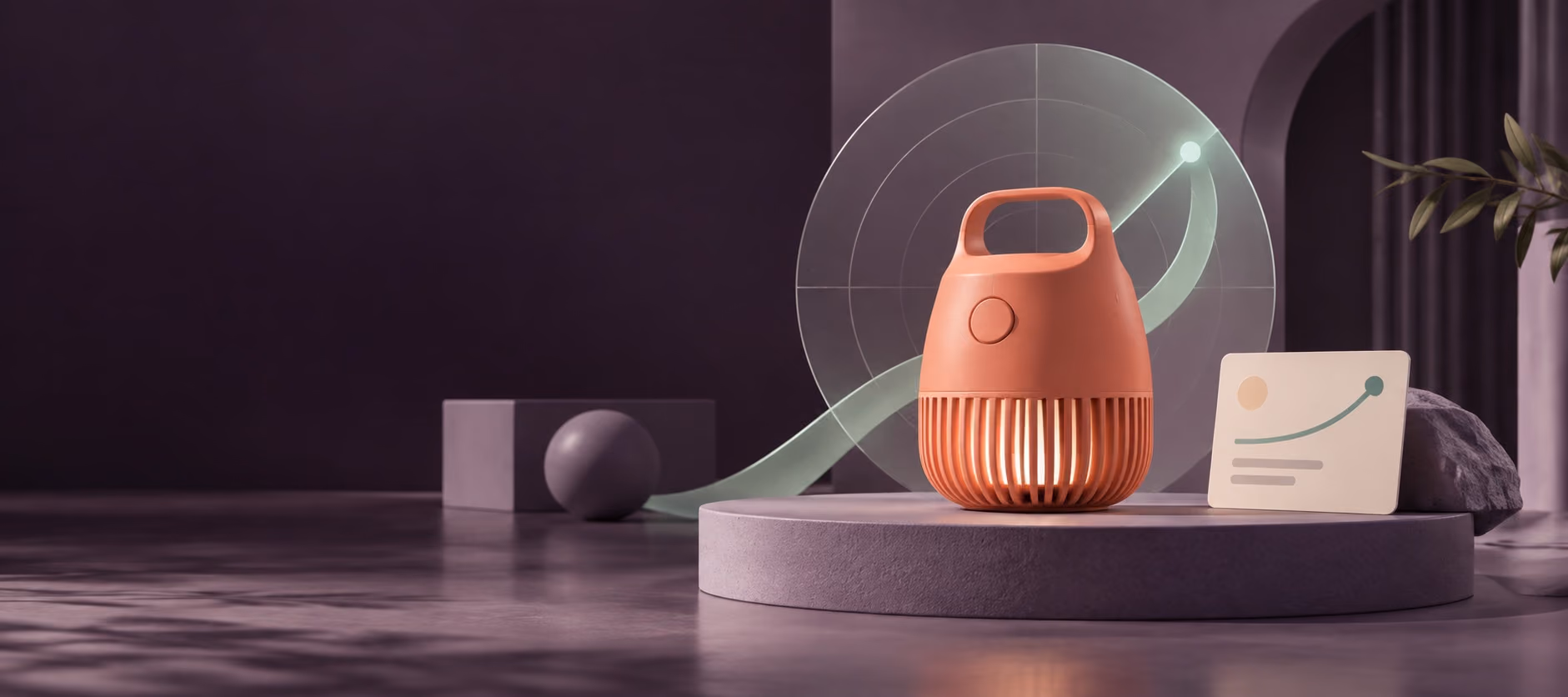 A coral product concept on a pedestal with a translucent radar representing product discovery